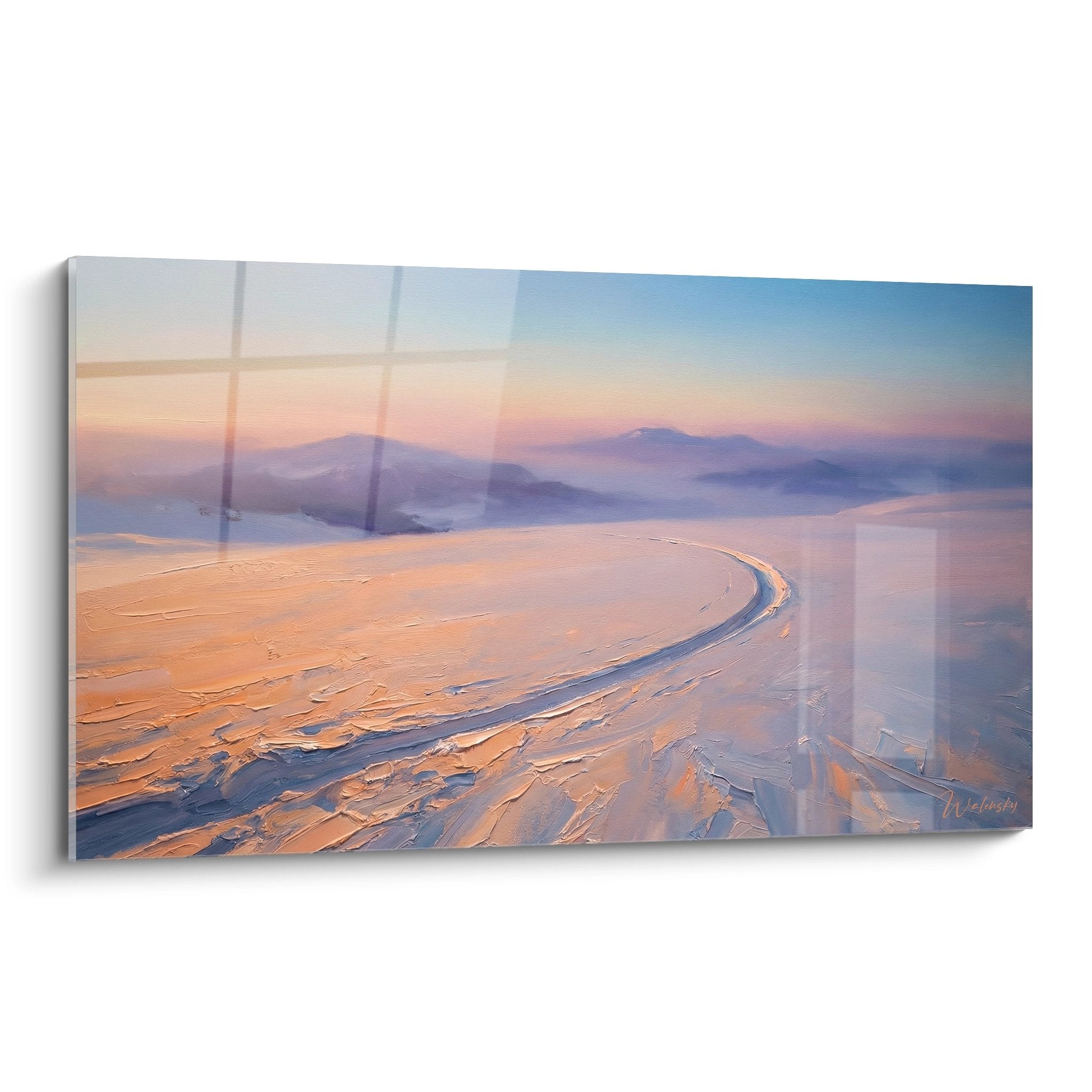 Tableau paysage montagne enneigé avec route sinueuse au coucher de soleil, art mural ski et montagne