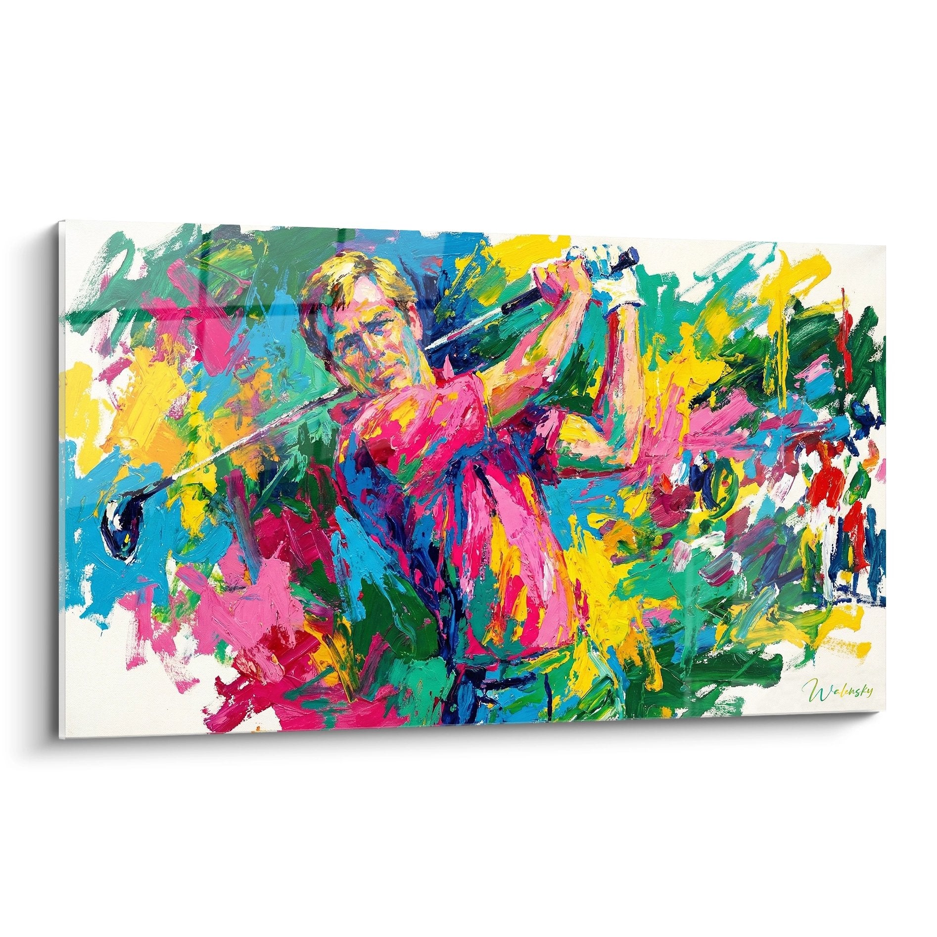 Tableau moderne coloré représentant un golfeur en plein swing avec des couleurs vives rose bleu vert jaune