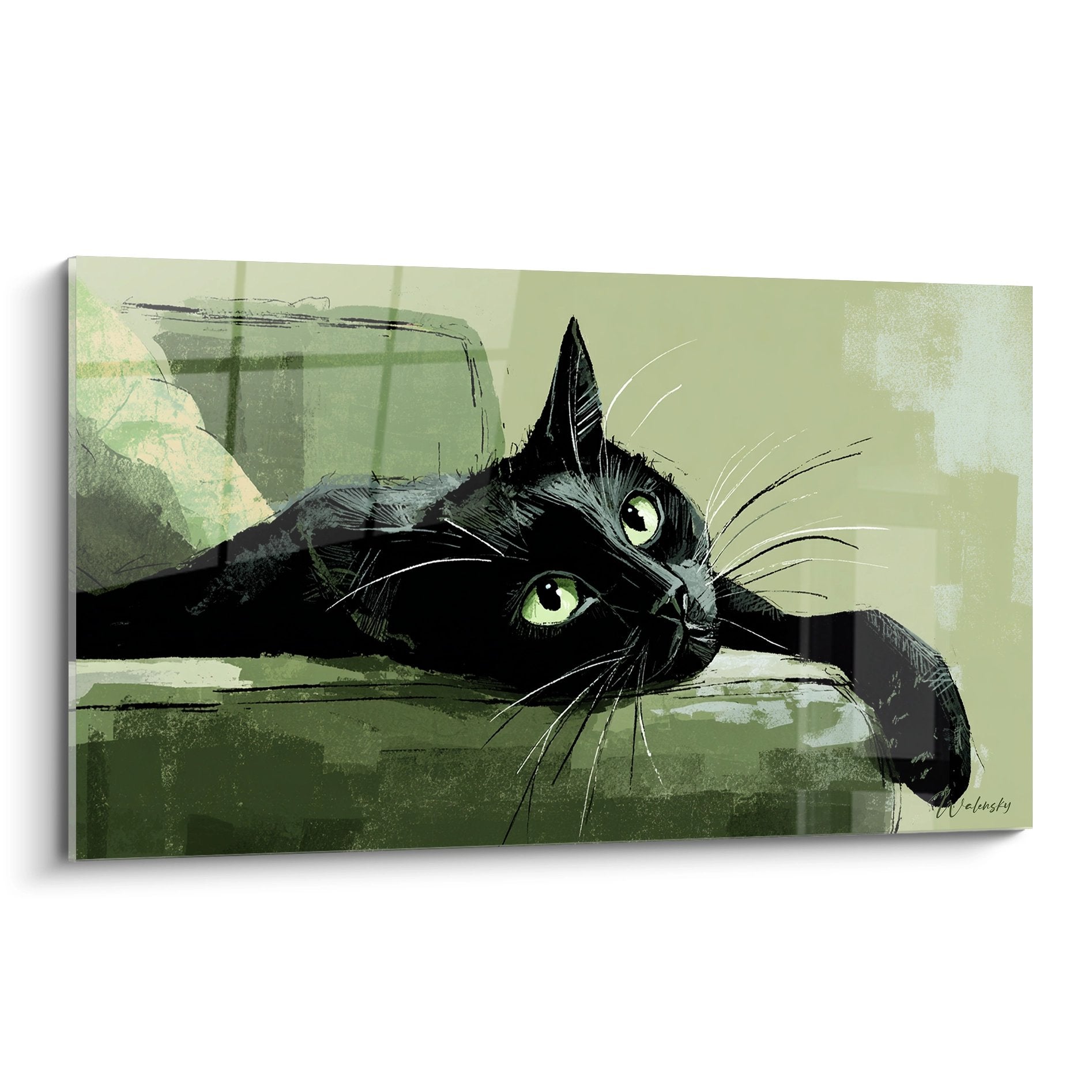 Tableau artistique chat Bombay noir allonge yeux verts fond vert pastel decoration murale feline moderne