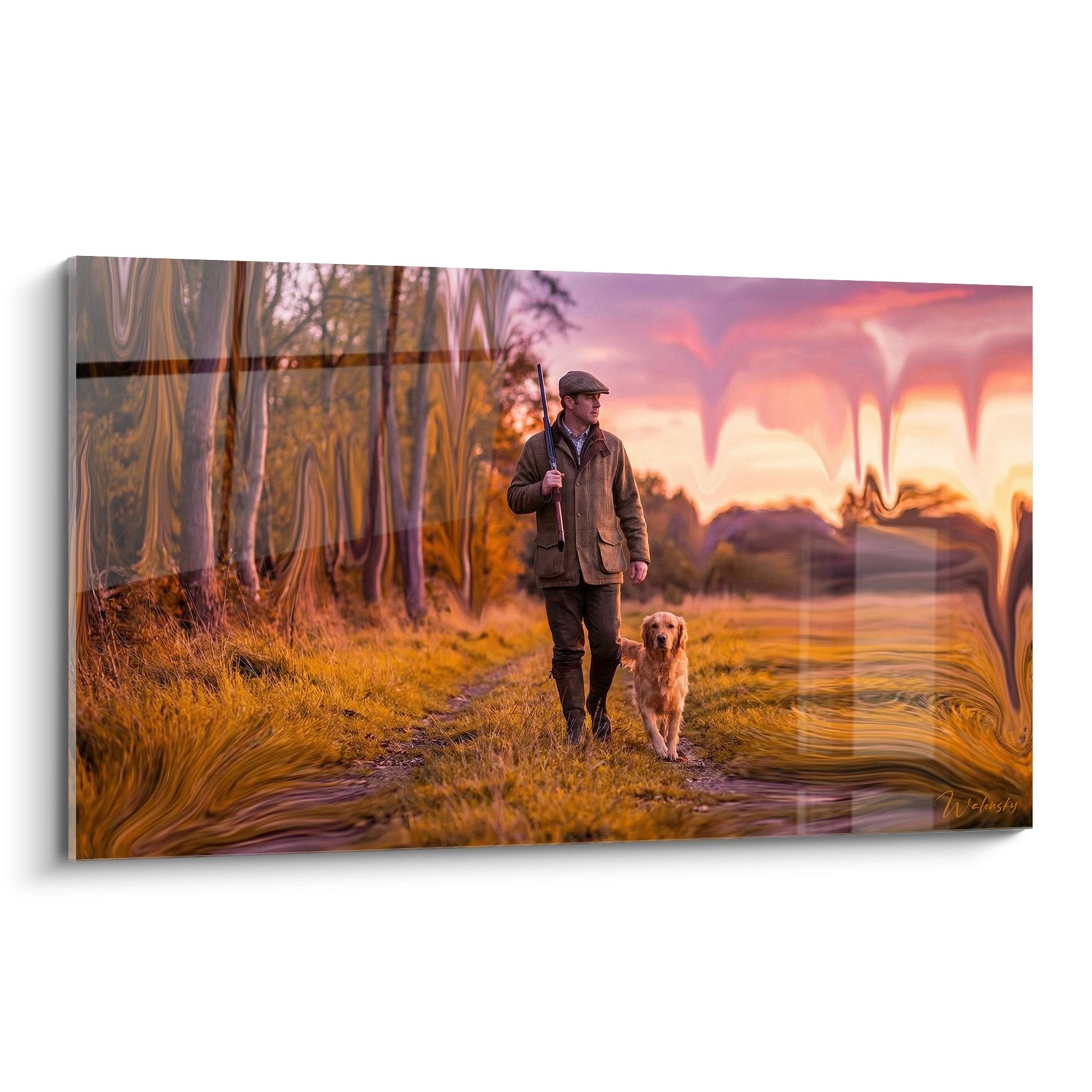 Tableau chasseur avec chien golden retriever marchant au coucher du soleil dans paysage automnal doré