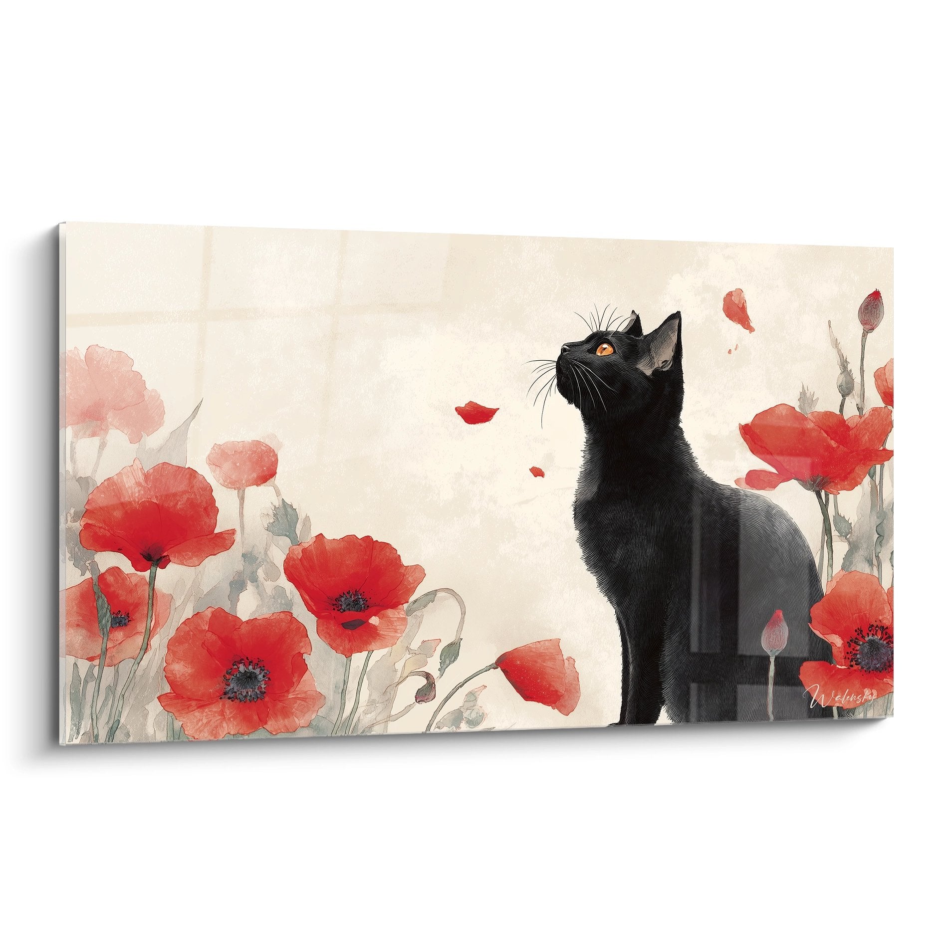 Tableau mural chat noir élégant assis parmi des coquelicots rouges sur fond beige