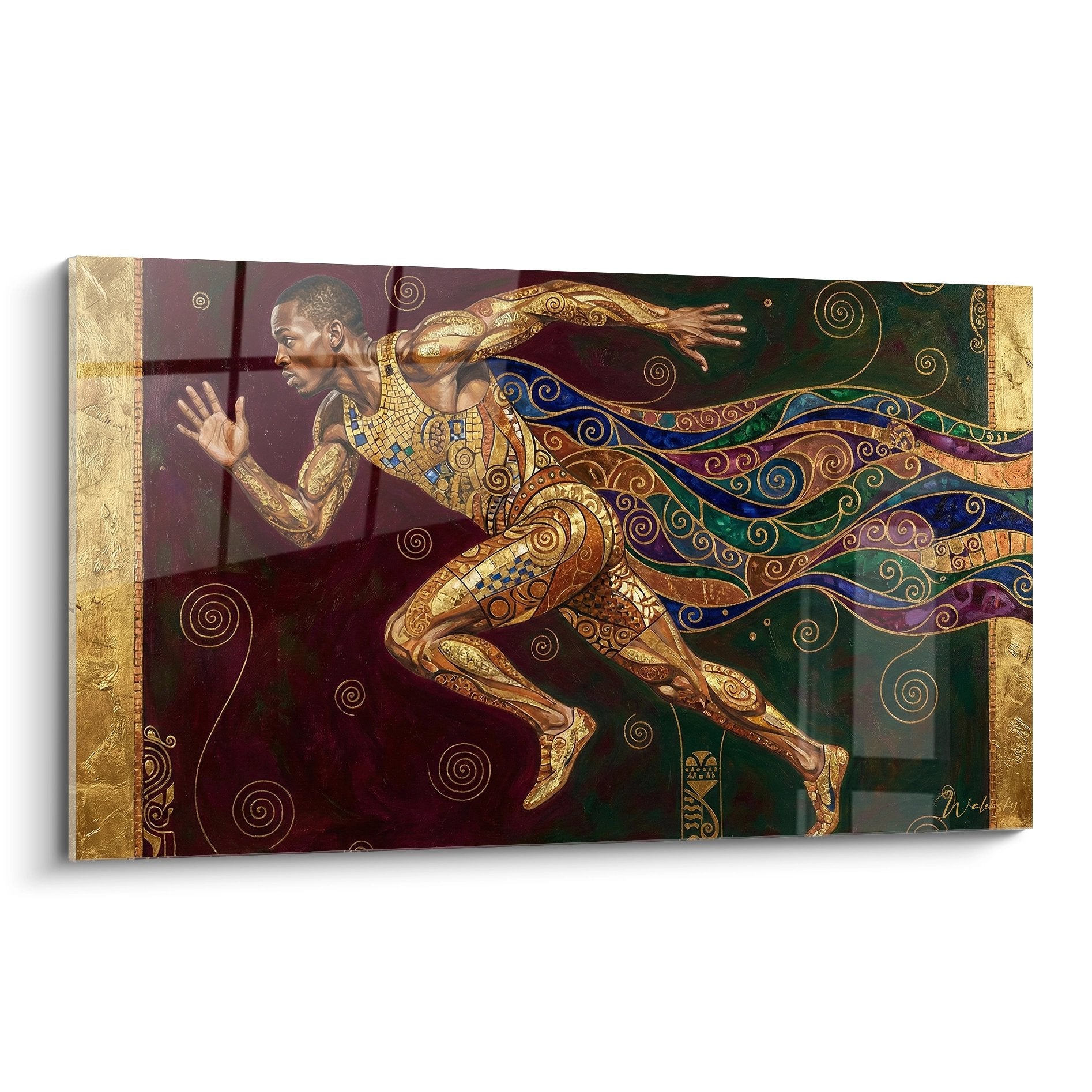 Tableau artistique d'un coureur orné de motifs dorés en pleine course sur fond bordeaux et vert