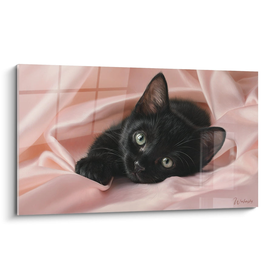 Tableau chaton noir aux yeux verts - Tendresse rose - Edition chat Bombay