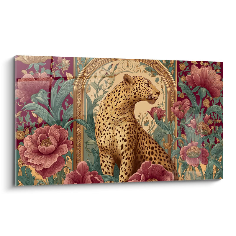 Art Deco Leopard Painting - Majestic Feline with Peonies - Art Deco Edition
