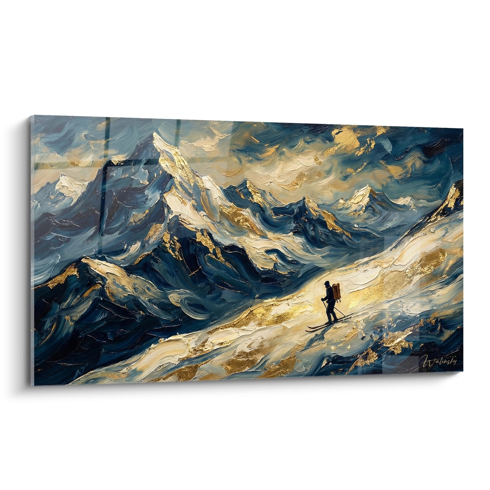 Tableau skieur de randonnee dans paysage montagnard aux reflets dores, art mural ski alpin premium