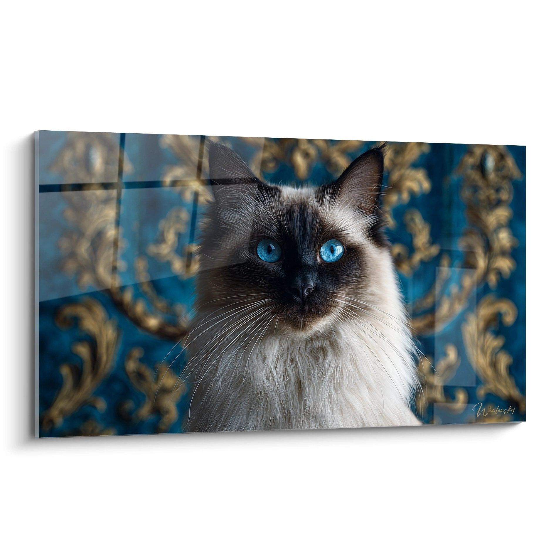 Portrait artistique chat Balinais yeux bleus sur fond baroque doré - tableau mural décoratif félin