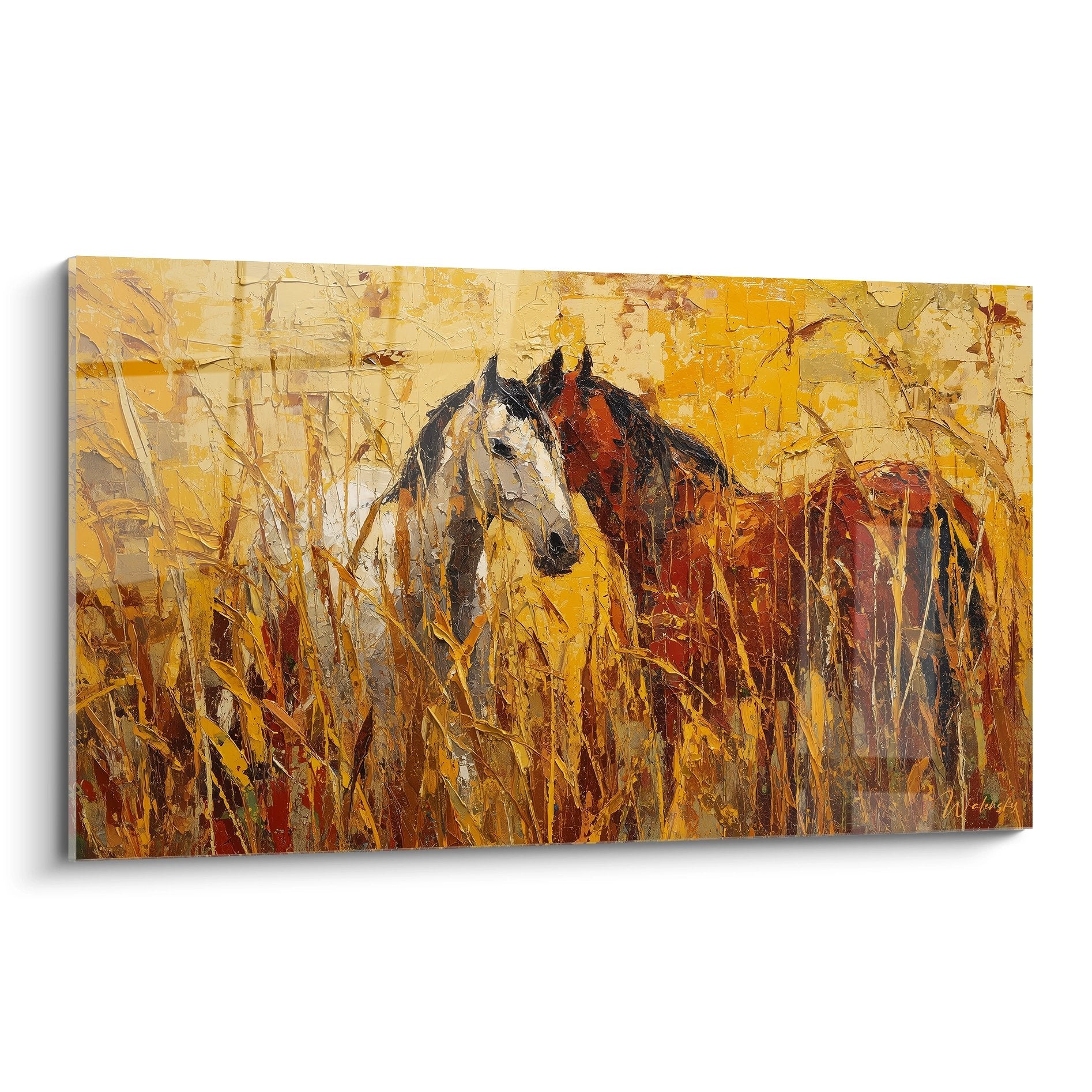 Tableau peinture chevaux sauvages dans hautes herbes dorées, style impressionniste tons chauds