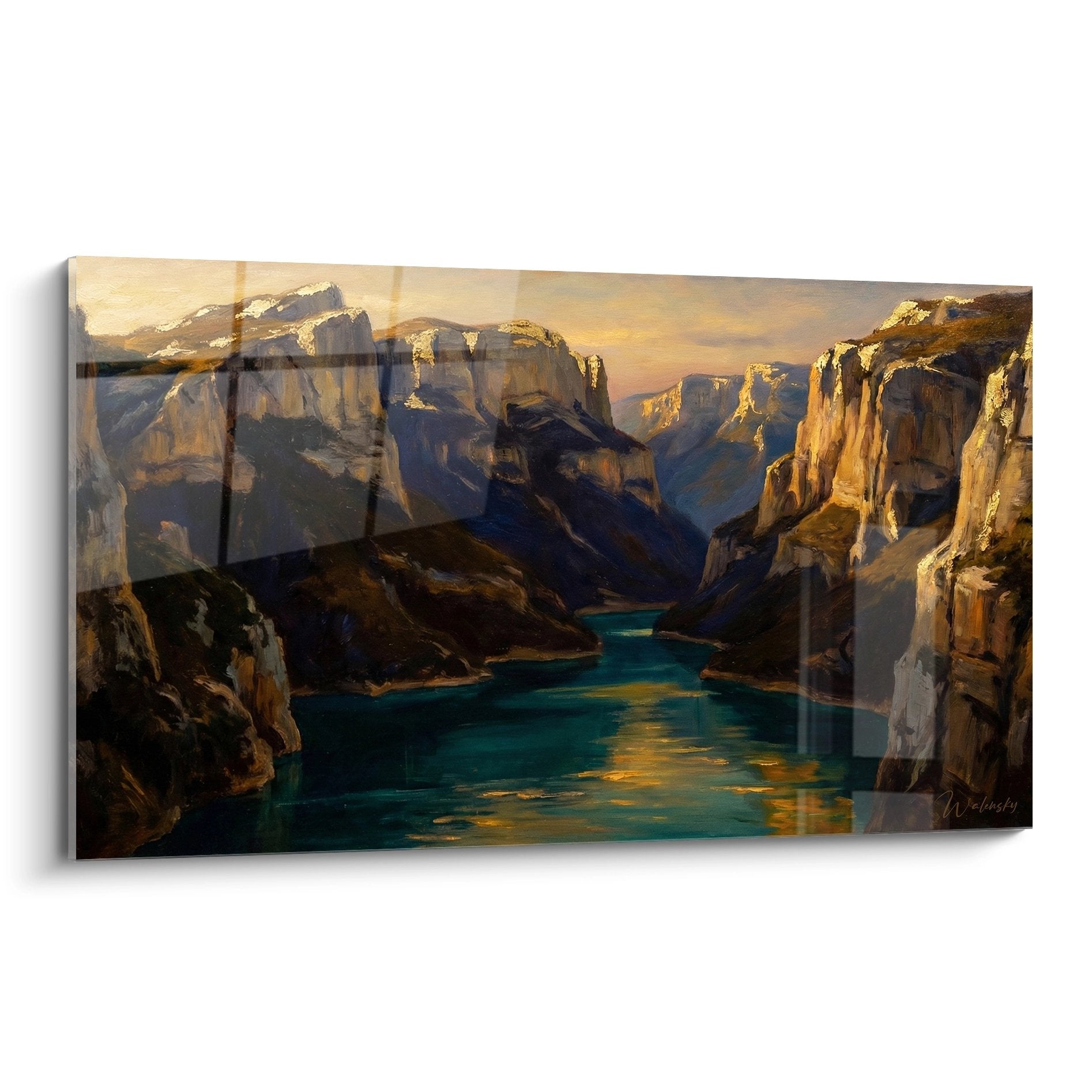 Tableau canyon coucher soleil avec falaises dorees et riviere turquoise style Gorges du Verdon