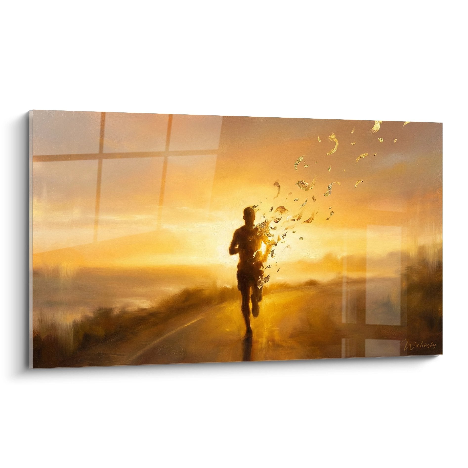 Tableau mural coureur silhouette coucher soleil doré particules lumineuses route athlétisme art sportif