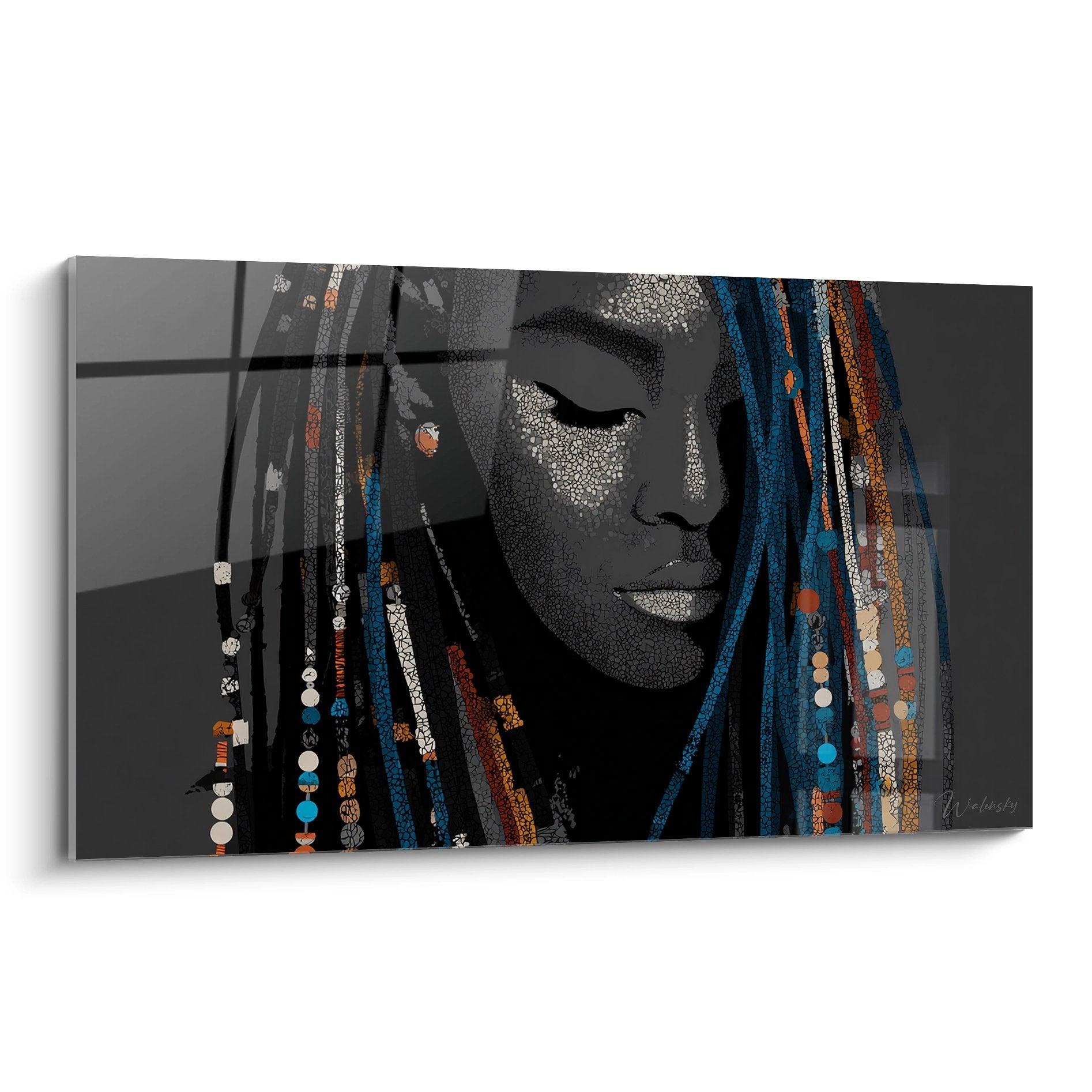 Quadro moderno ritratto donna africana con ornamenti tradizionali colorati blu arancione su sfondo grigio