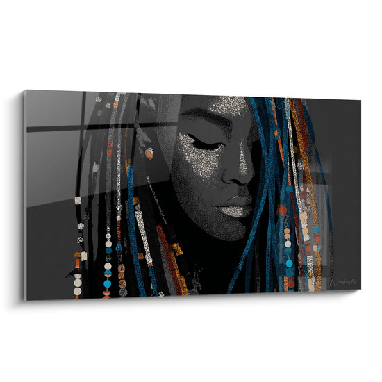 Tableau moderne portrait femme africaine avec parures traditionnelles colorées bleu orange sur fond gris