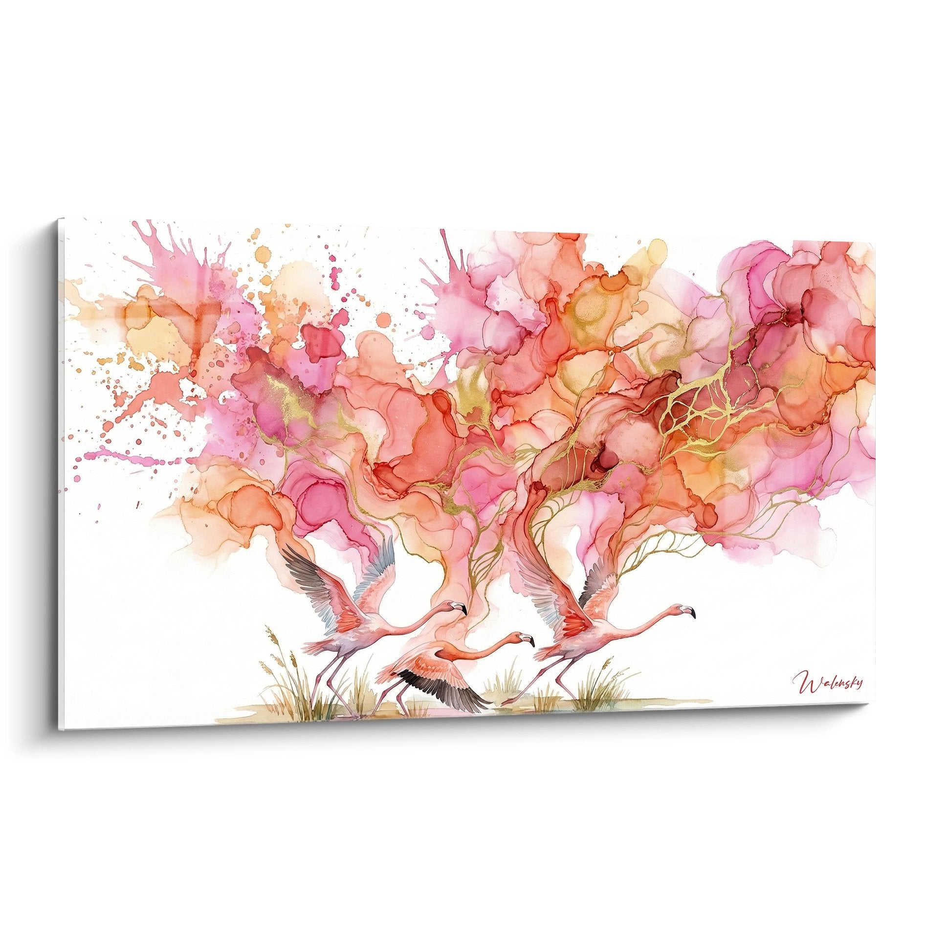 Tableau aquarelle flamants roses avec explosion de couleurs roses et oranges, art mural Camargue