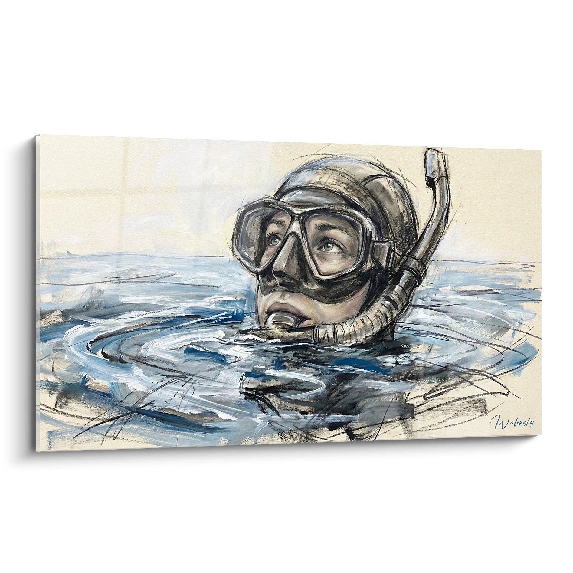 Tableau artistique représentant un plongeur en apnée émergeant de l'eau avec masque et tuba, style expressif