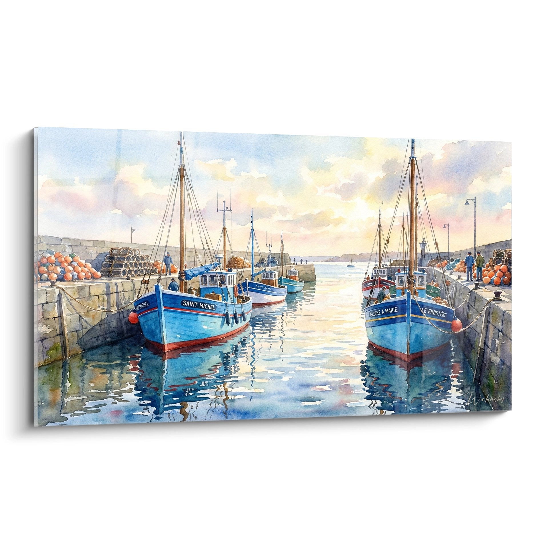Tableau aquarelle port de pêche breton avec bateaux bleus traditionnels et reflets dorés au coucher soleil