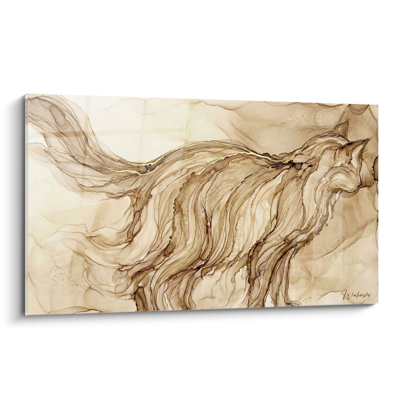 Tableau Abstrait Fluide Beige - Ondulations Dorées - Edition chat Balinais