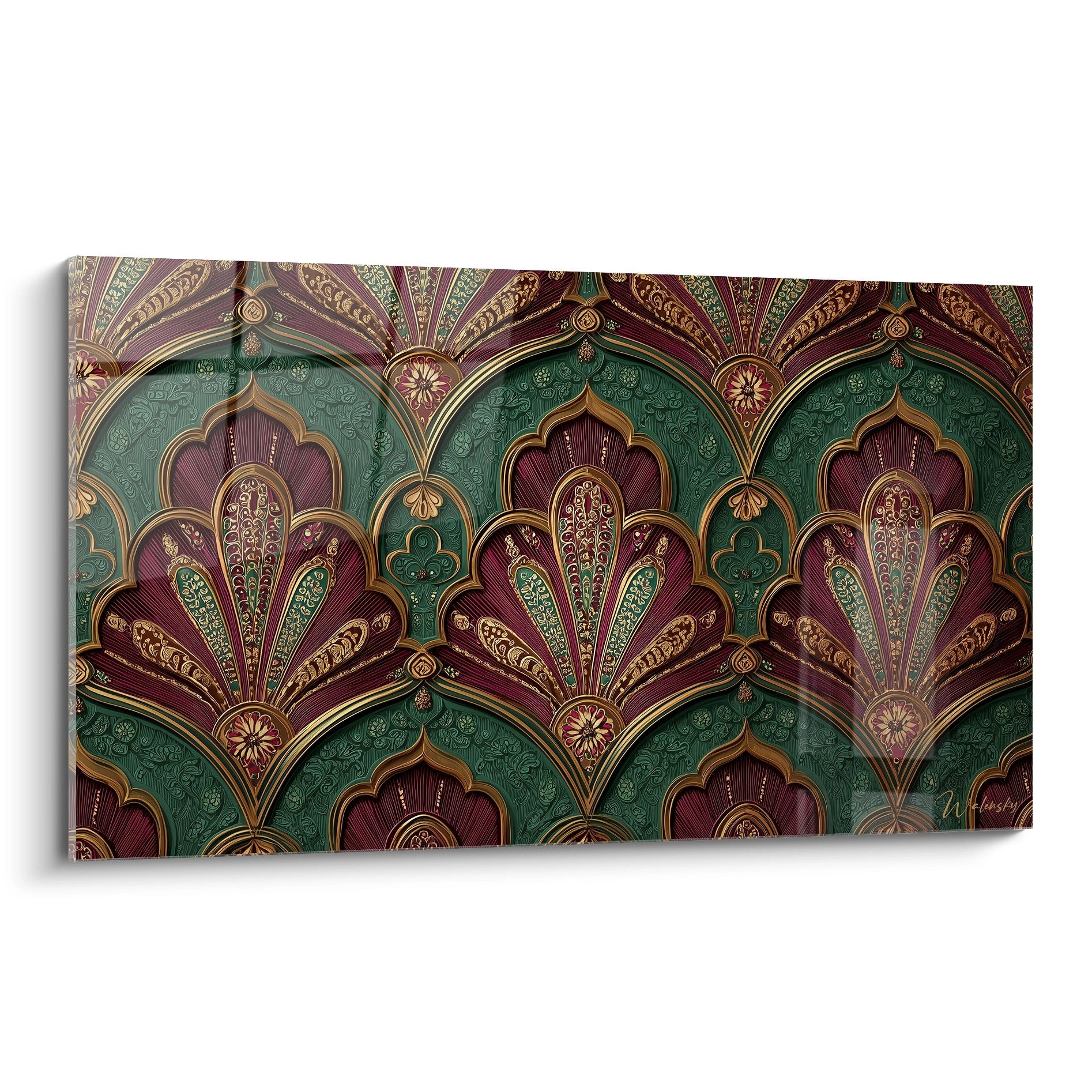 Tableau art déco aux motifs orientaux persans avec ornements dorés sur fond émeraude et bordeaux