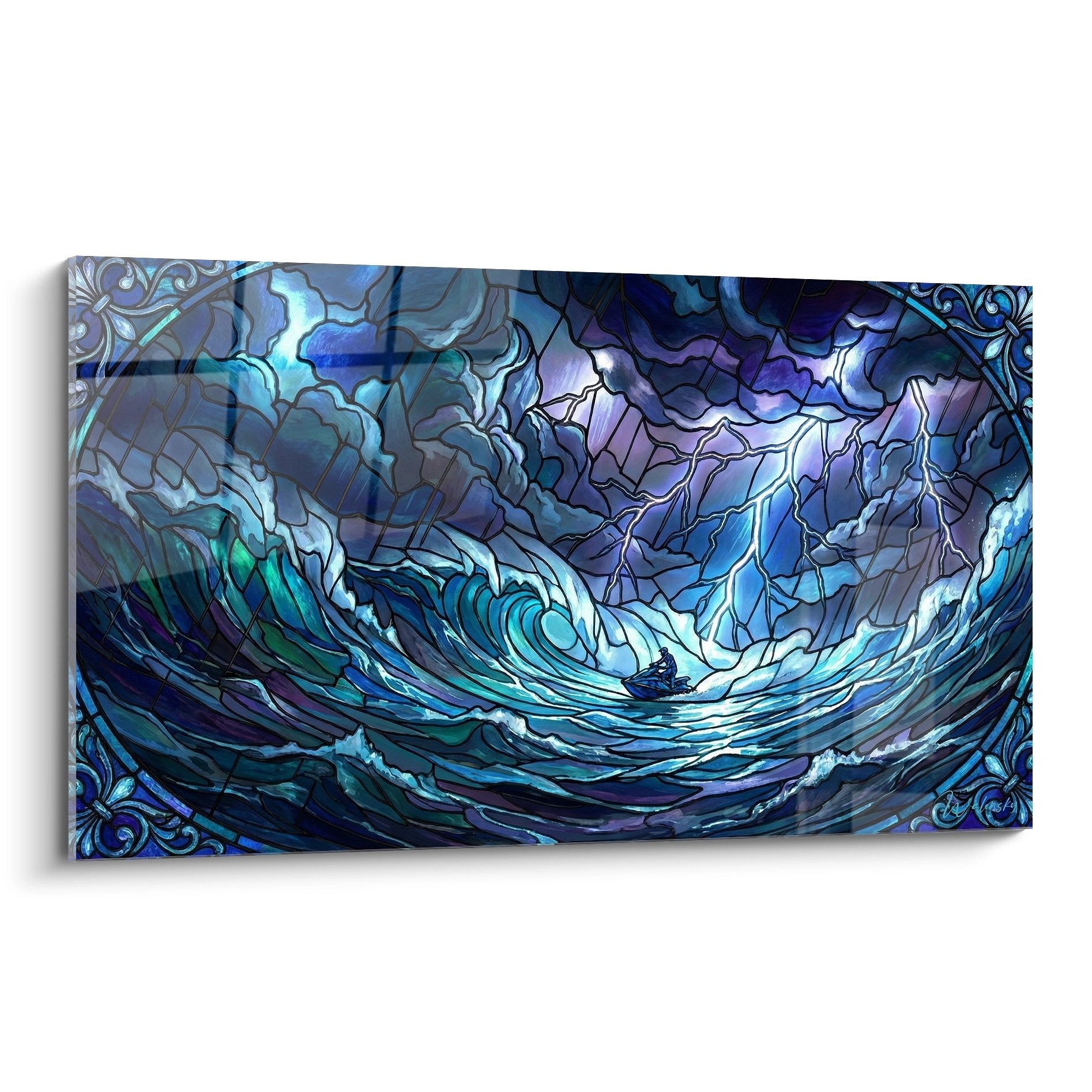 Tableau décoratif tempête marine style vitrail avec vagues bleues et éclairs violets sur toile