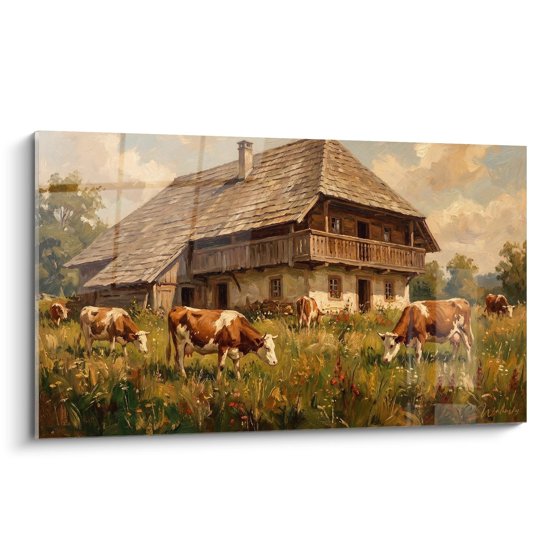 Tableau d'une ferme vosgienne traditionnelle avec troupeau de vaches dans un pré fleuri sous lumière dorée