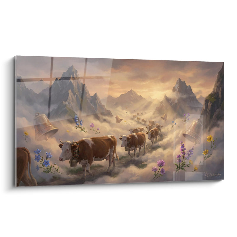 Cows in Alpine Pasture Painting - Transhumance in Alpine Mists - La Savoie Edition