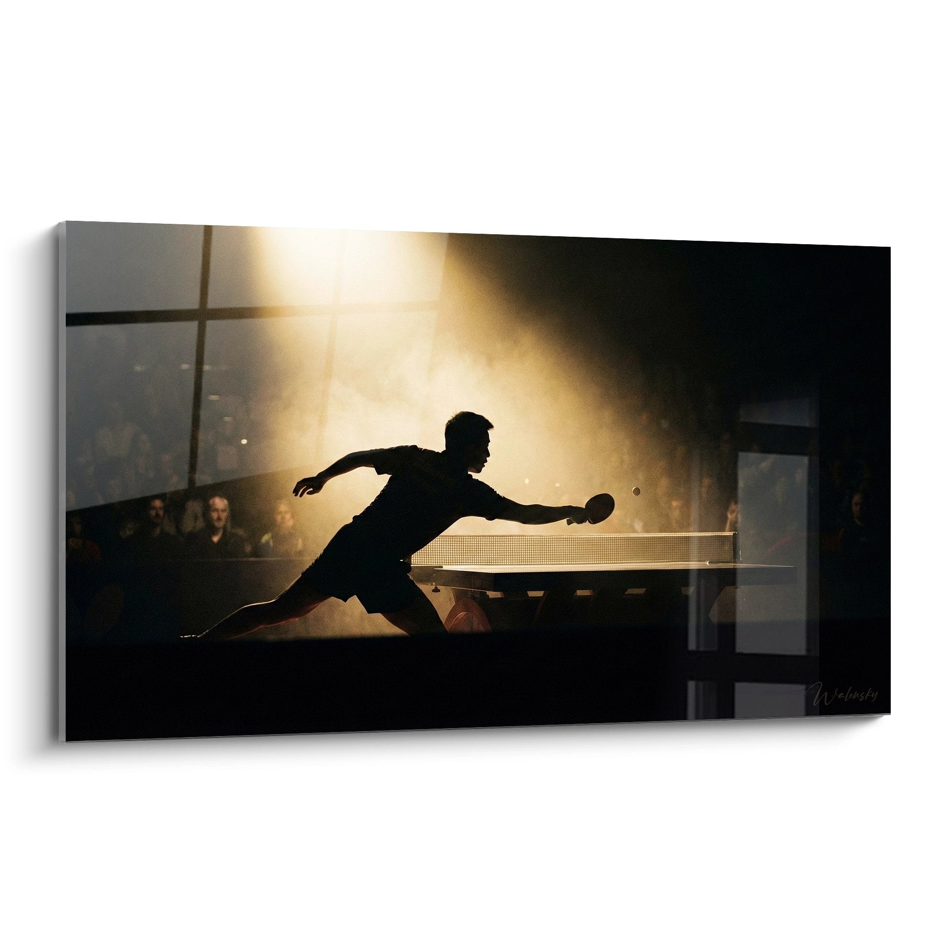 Tableau ping pong silhouette joueur en action avec eclairage dramatique dore ambiance cinematographique