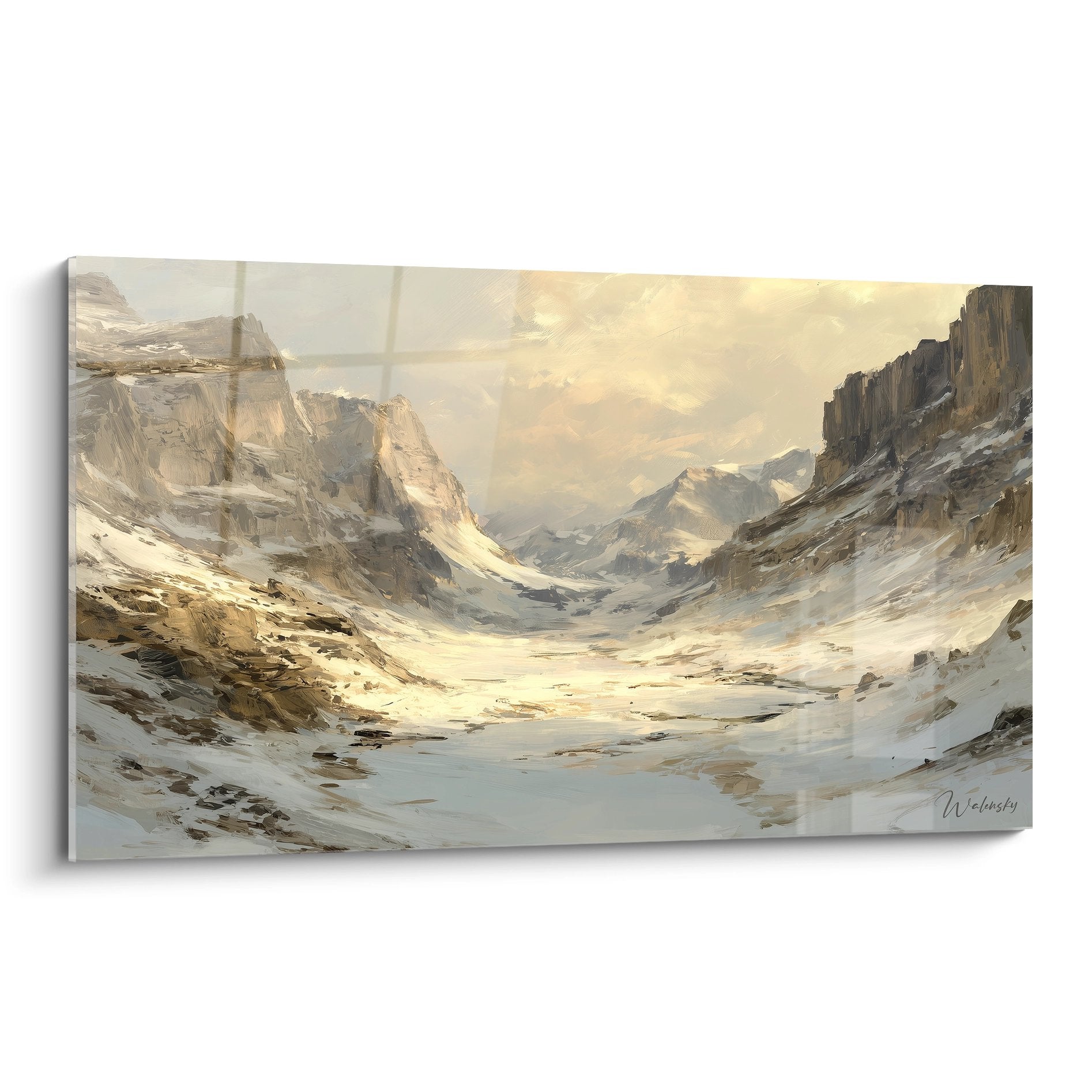 Tableau paysage vallée enneigée Pyrénées avec sommets rocheux et ciel doré hivernal - art montagne