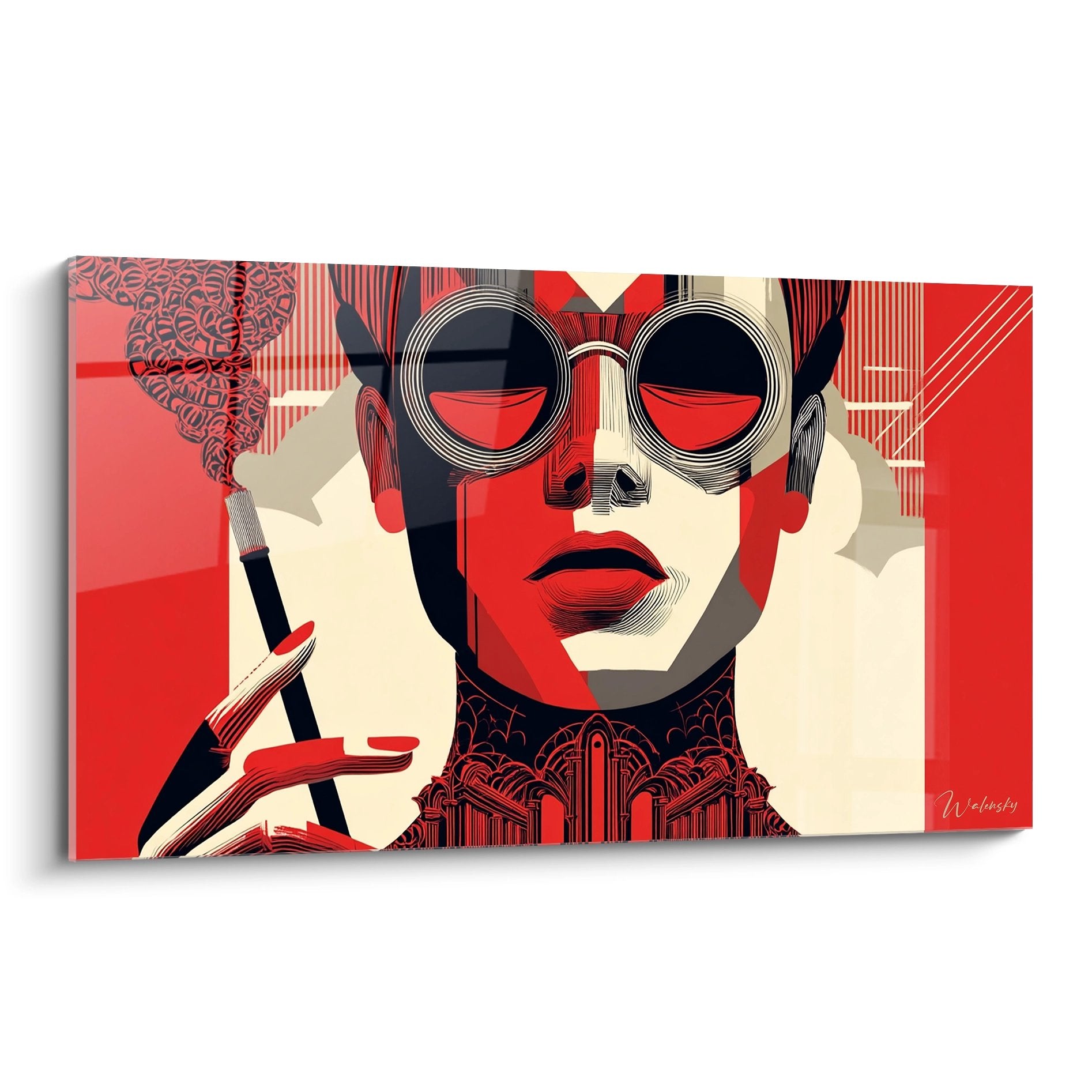 Tableau art déco portrait femme lunettes rondes style graphique rouge noir crème décoration murale moderne