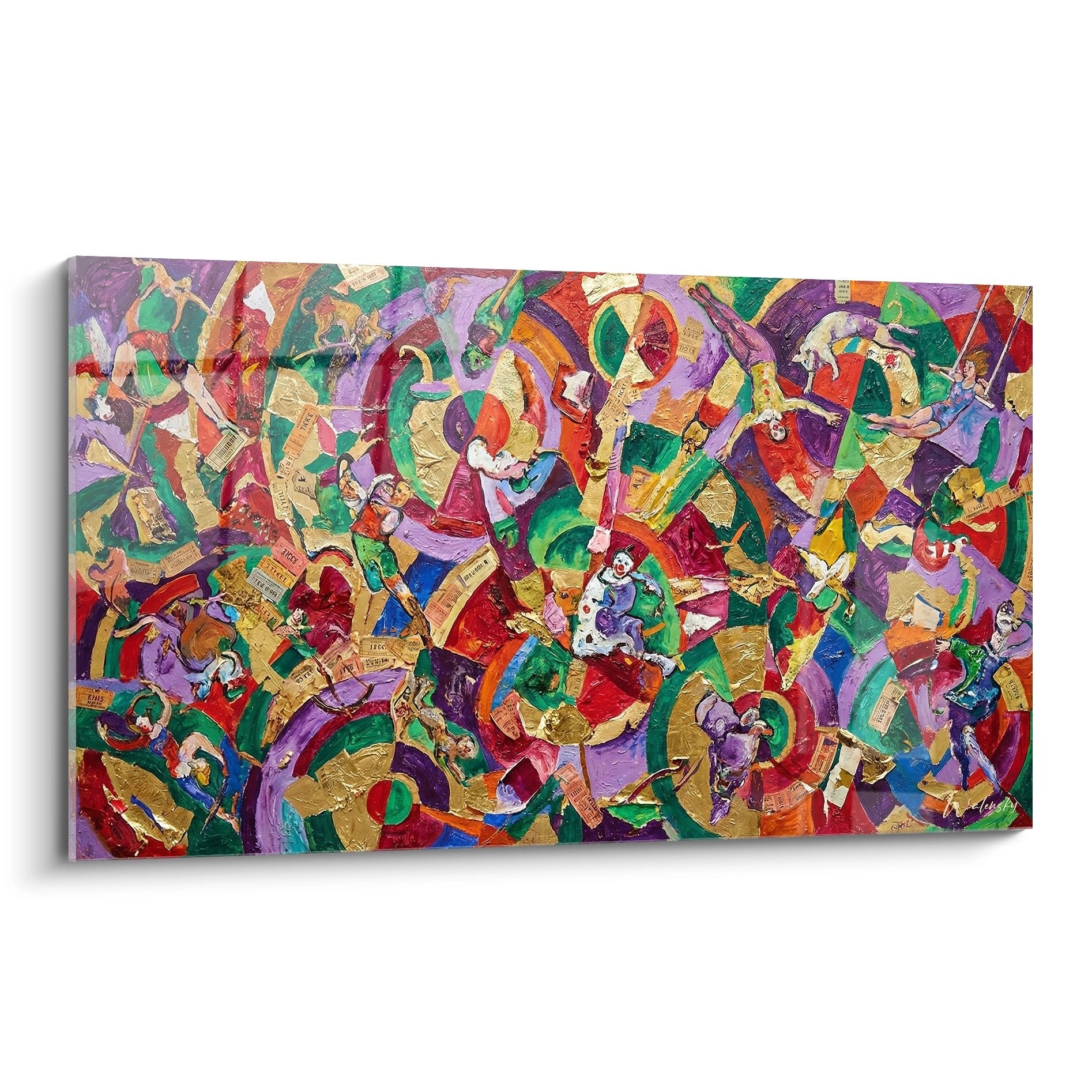 Tableau collage abstrait aux couleurs vives mêlant peinture et papiers découpés dans un style contemporain