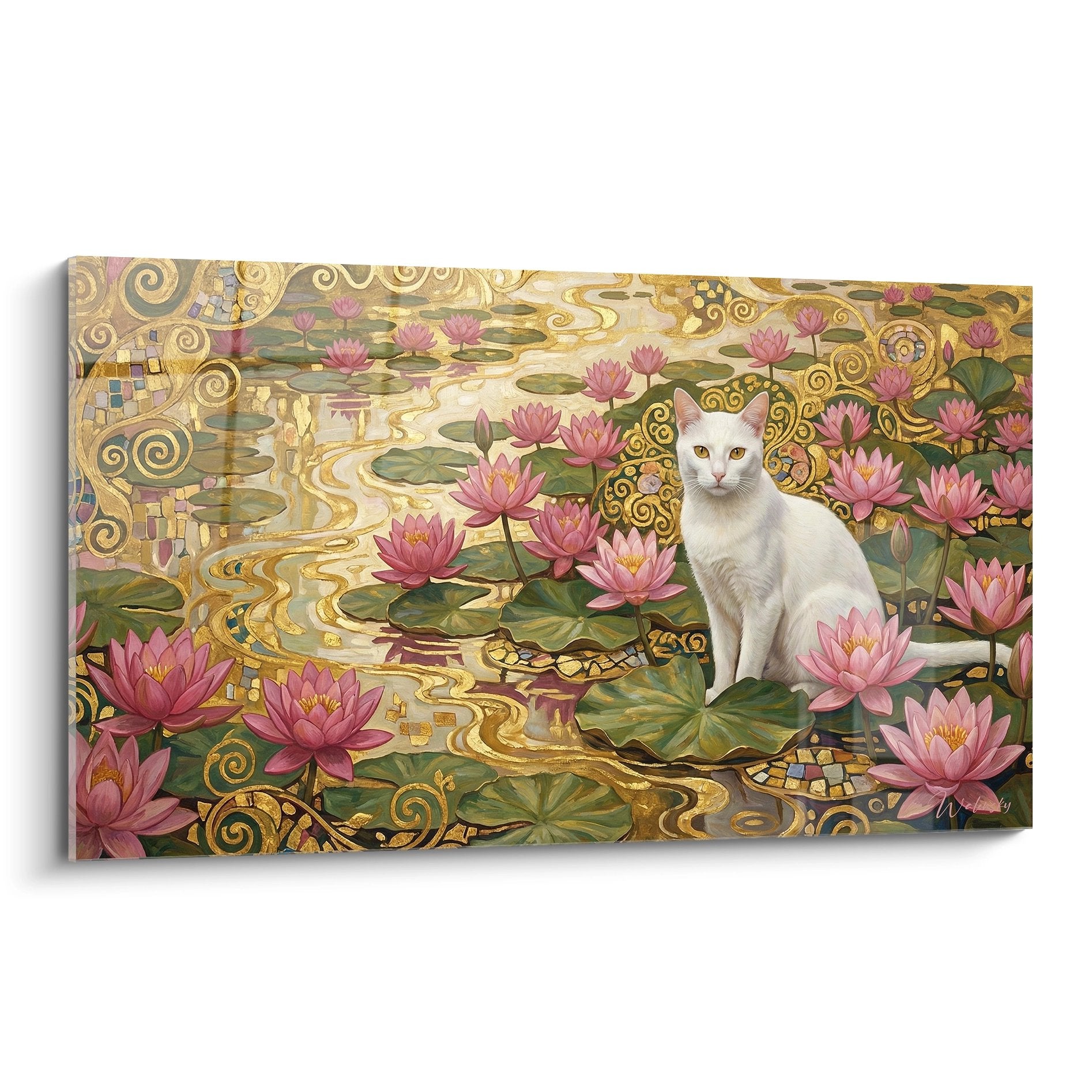 Tableau decoratif chat Khao Manee blanc dans jardin lotus rose avec ornements dores style Art Nouveau