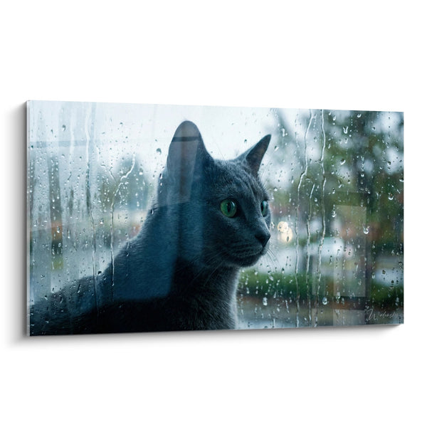 Russian Blue Cat at the Window Painting - Contemplation in the Rain - Russian Blue Cat Edition