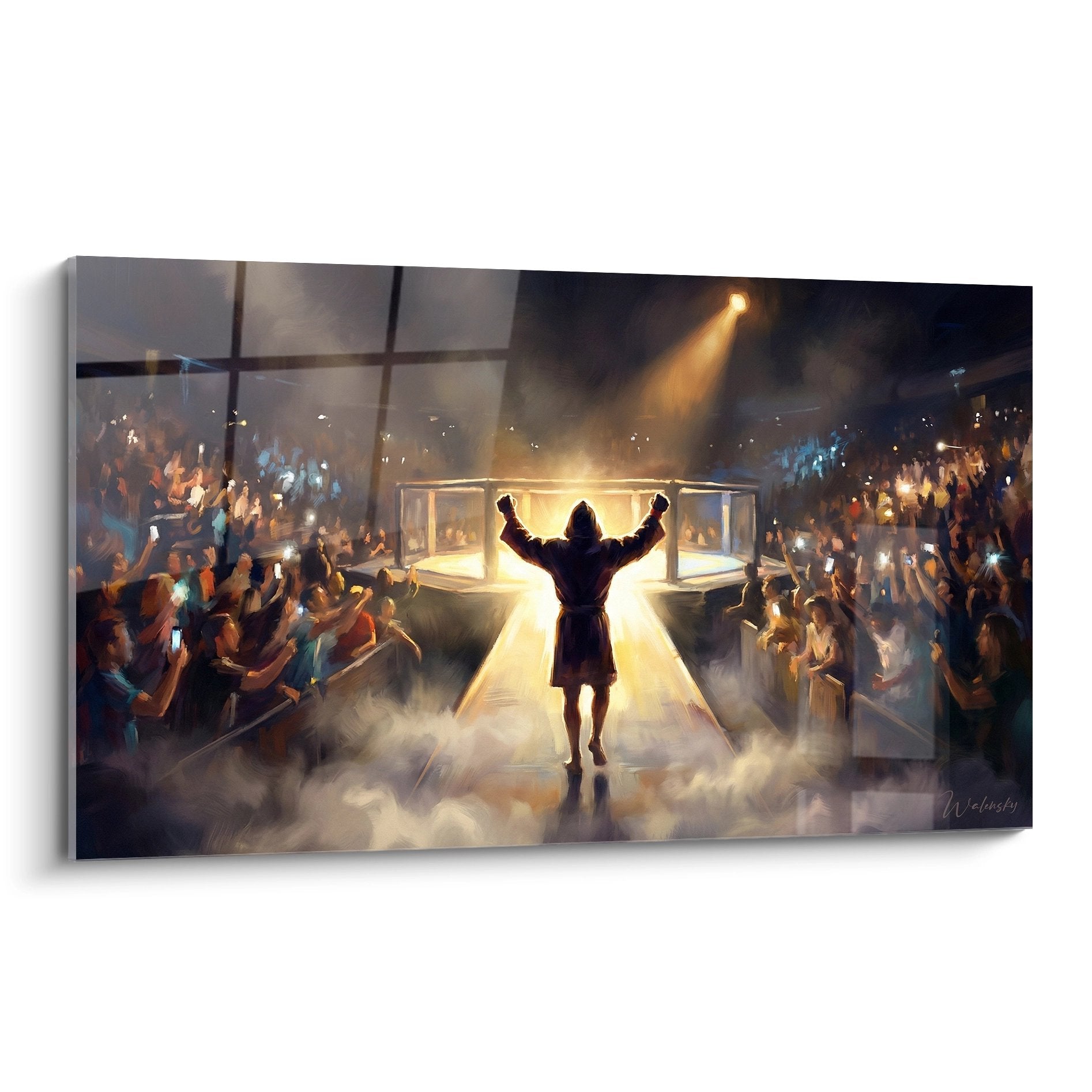 Tableau MMA montrant un combattant bras leves dans octogone illumine devant foule enthusiaste