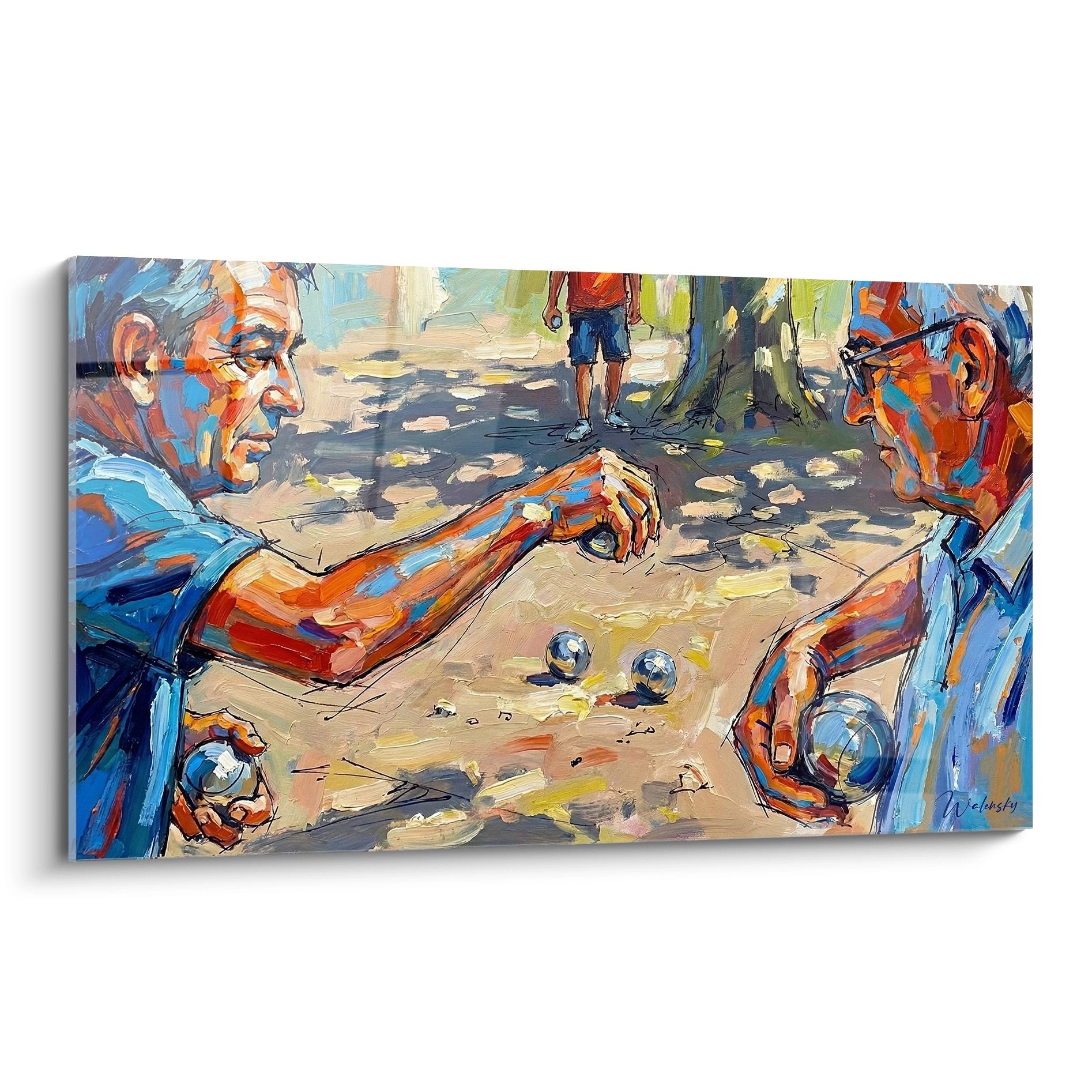 Tableau pétanque provençale style expressionniste, joueurs concentrés, couleurs vives méditerranéennes