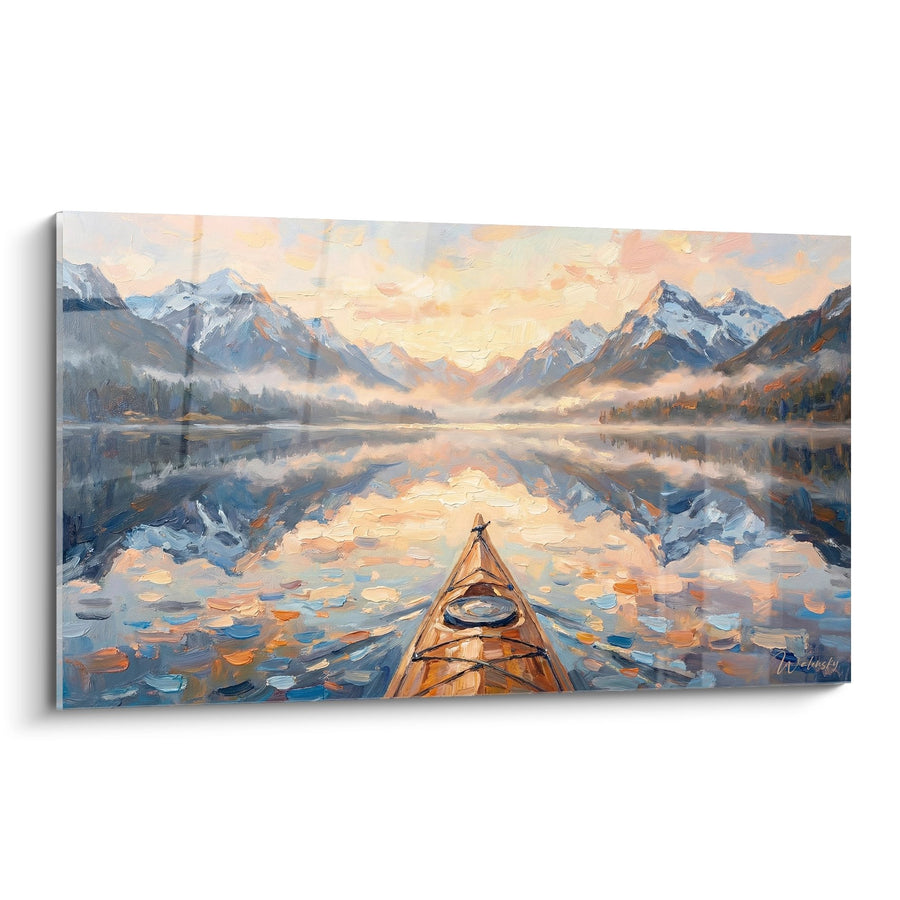 Tableau Kayak Lac Montagne - Reflets Dorés au Coucher du Soleil - Edition Kayak