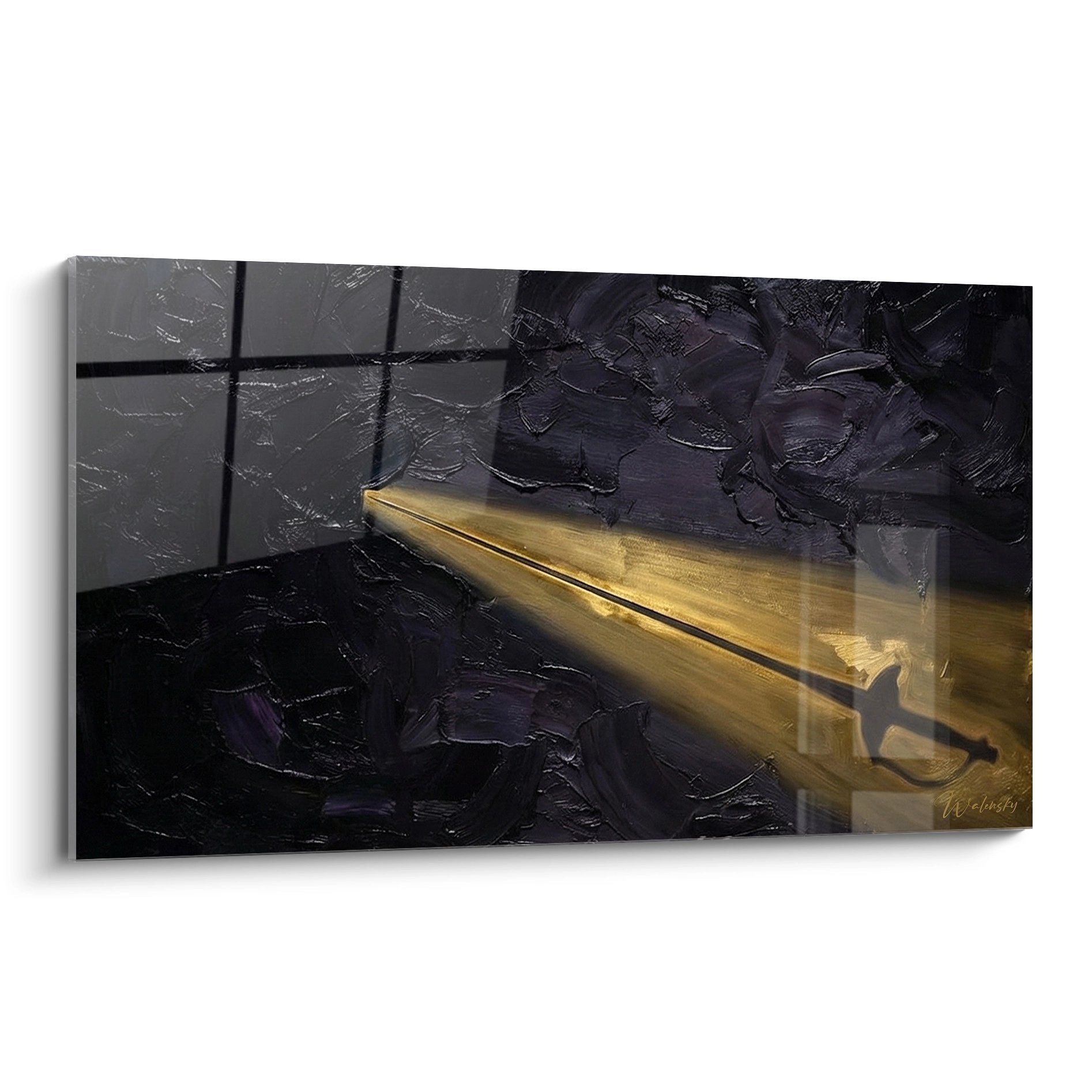 Tableau moderne représentant une épée dorée lumineuse sur fond sombre - art escrime contemporain