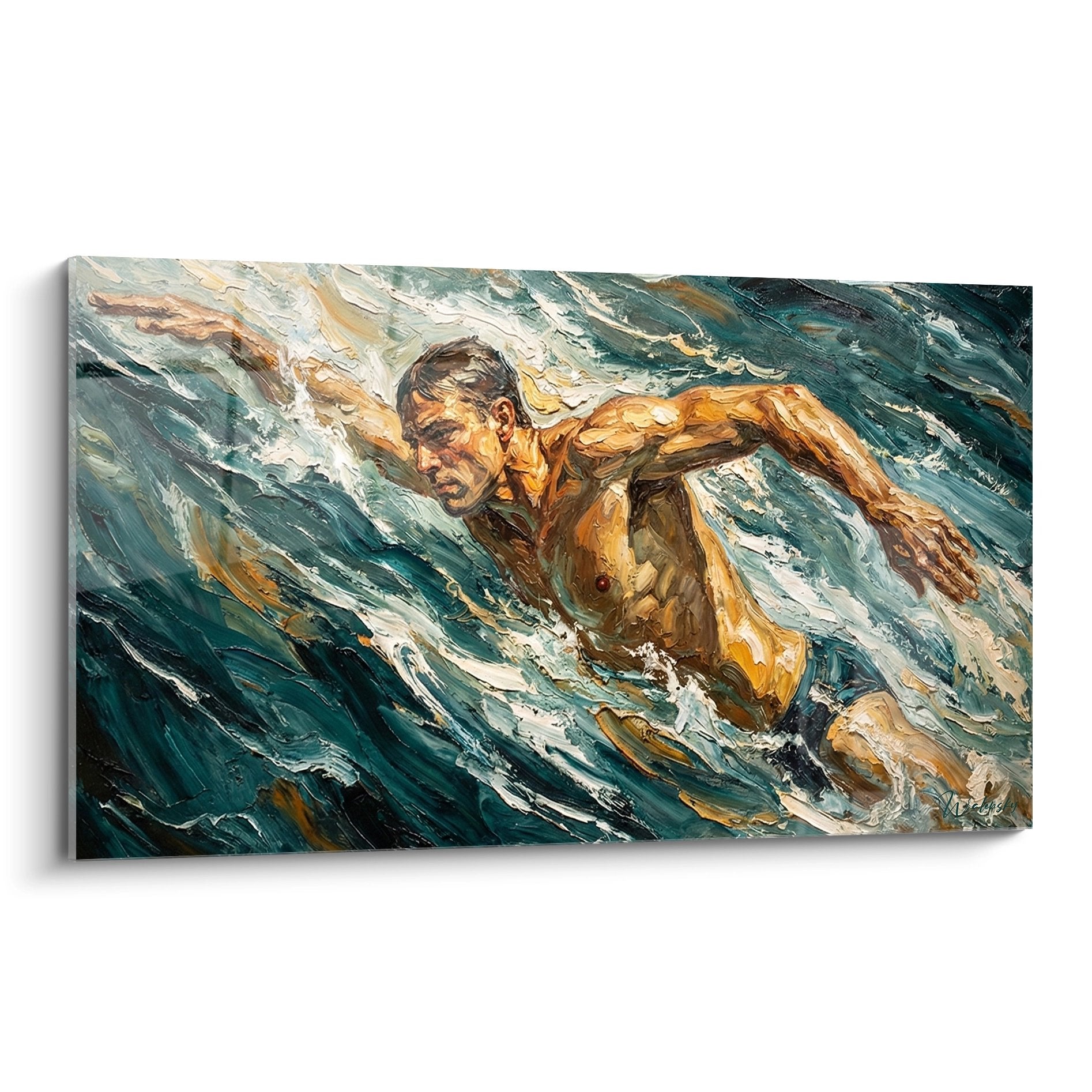 Tableau peinture nageur en action dans l'eau, style expressif aux tons bleus et dorés, art natation moderne