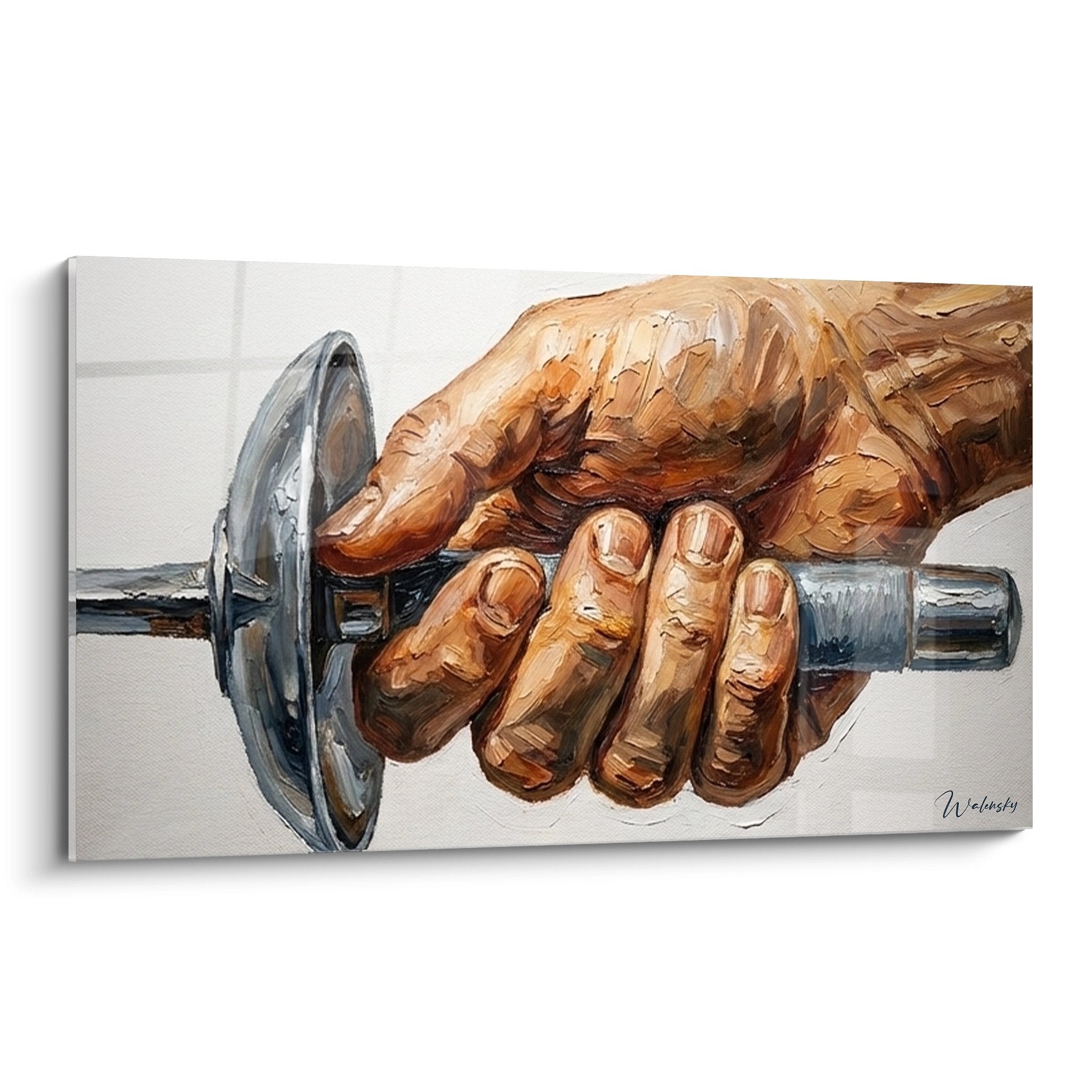 Tableau artistique main d escrimeur tenant fermement une epee avec garde argentee sur fond neutre