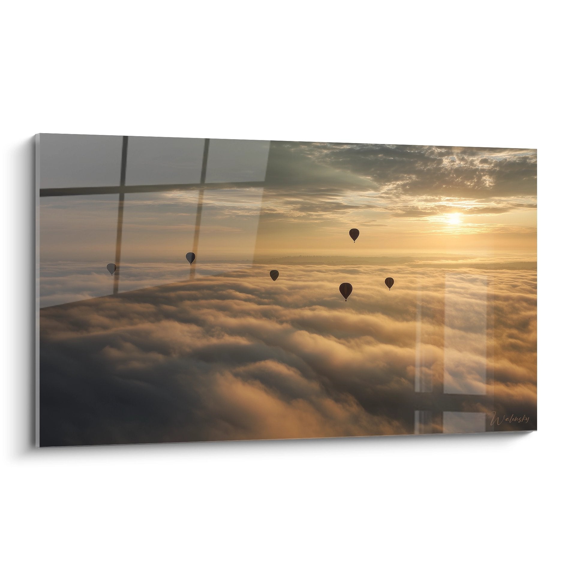 Tableau montgolfières au coucher de soleil naviguant au-dessus des nuages dorés - Edition Vosges art mural