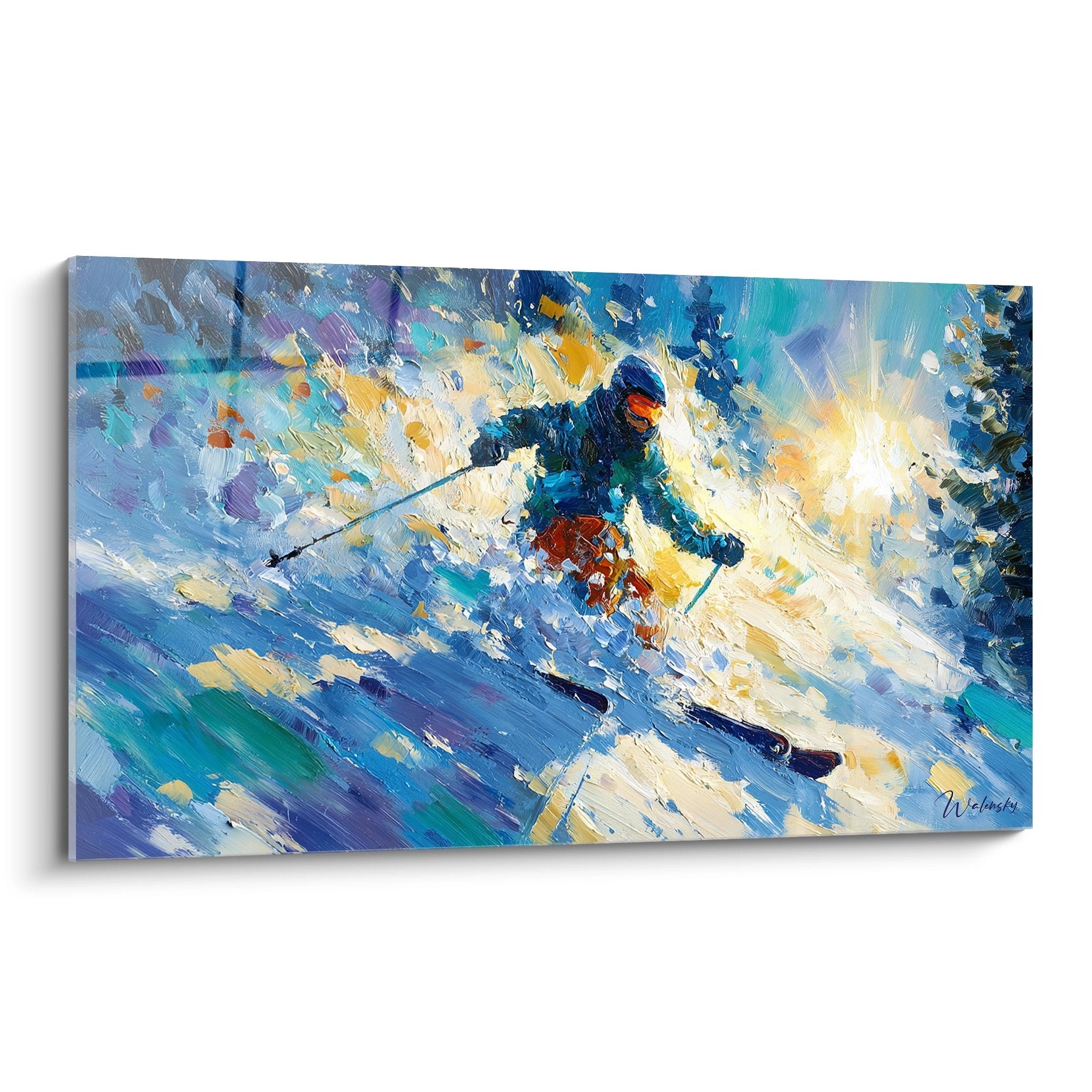 Tableau moderne représentant un skieur en action dans la poudreuse, peinture impressionniste aux couleurs vives