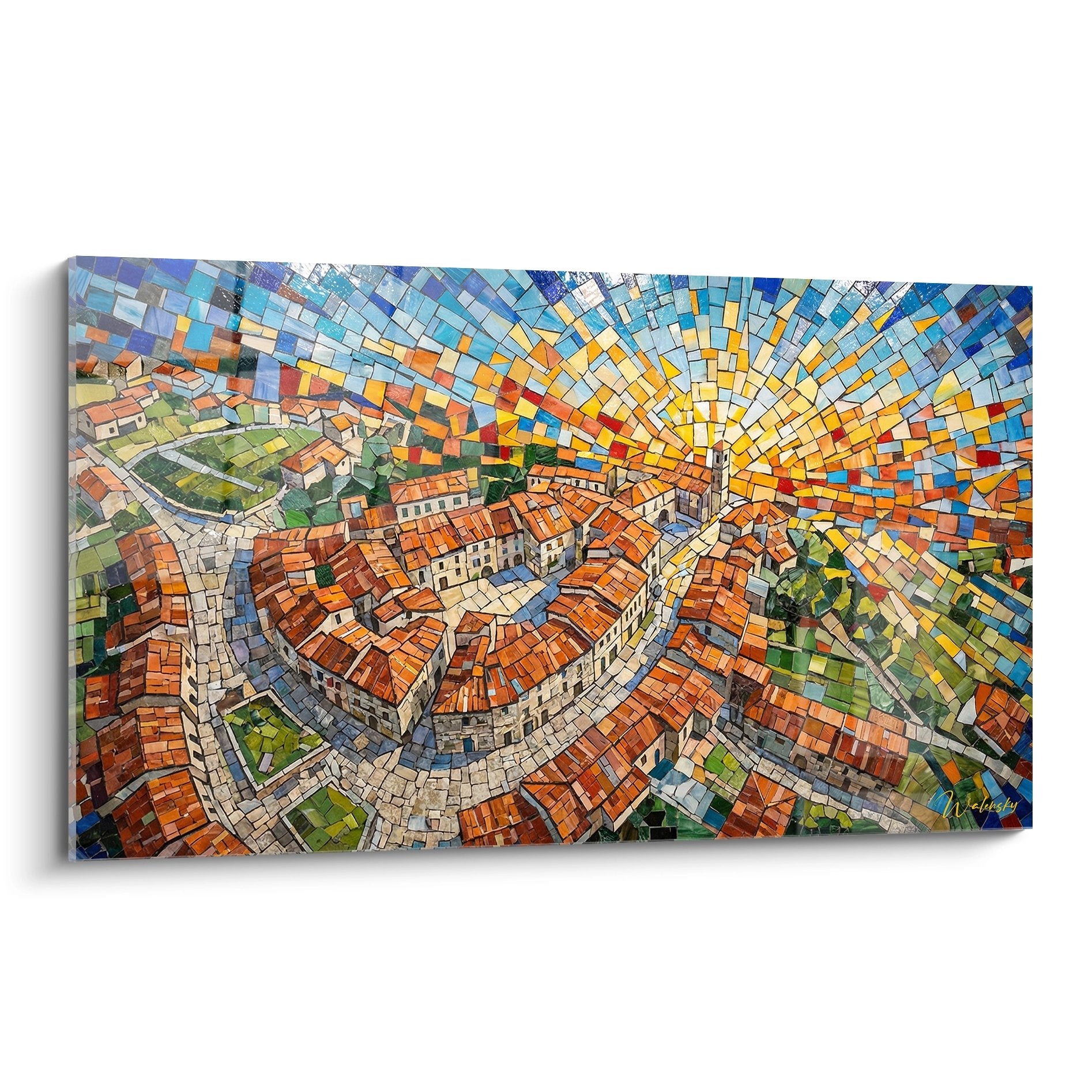 Tableau mosaique village corse avec soleil radieux, toits ocre et architecture mediterraneenne traditionnelle