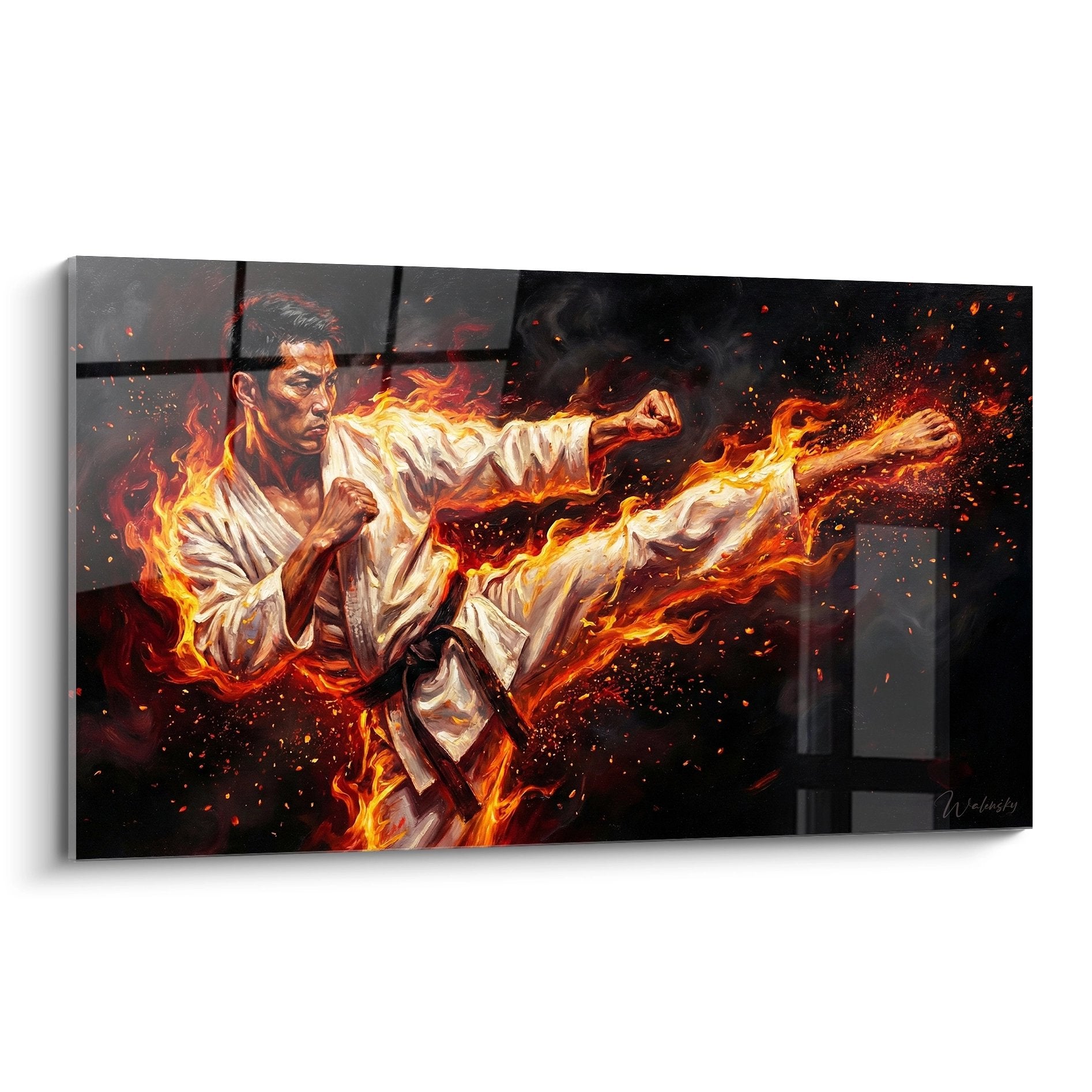 Tableau moderne karaté avec karatéka en kimono blanc entouré de flammes orange sur fond sombre