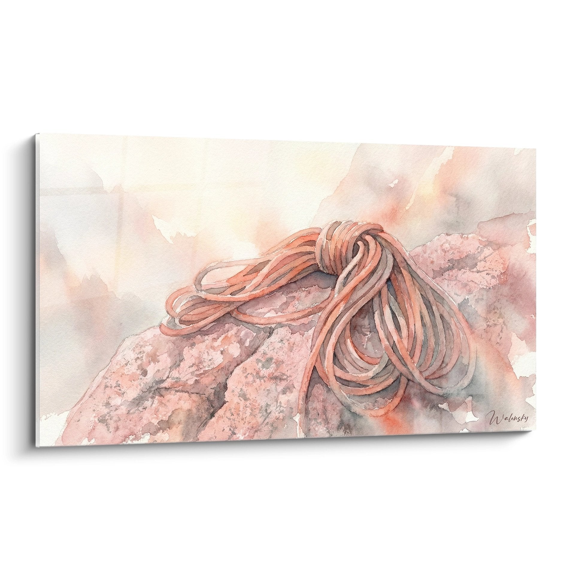 Tableau aquarelle corde d'escalade tons roses corail sur rocher art mural decoration escalade