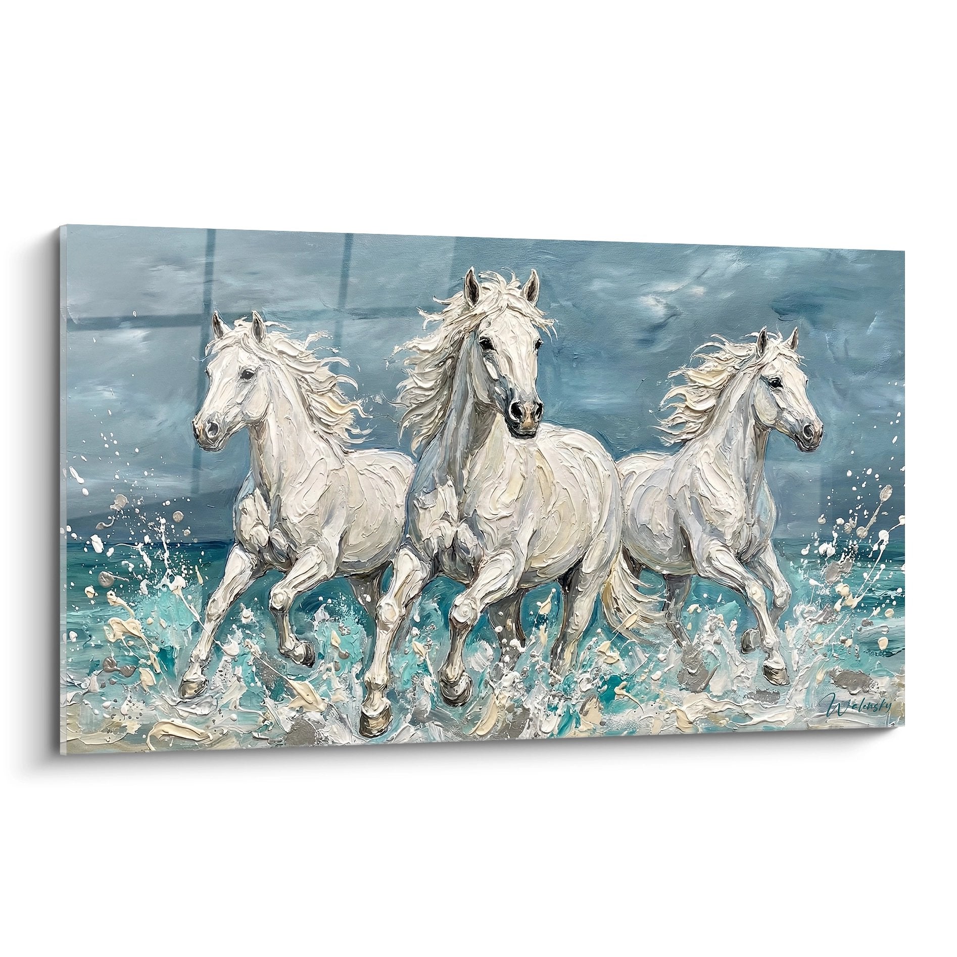 Tableau trois chevaux blancs galopant dans l'eau avec éclaboussures - Art mural Edition Camargue