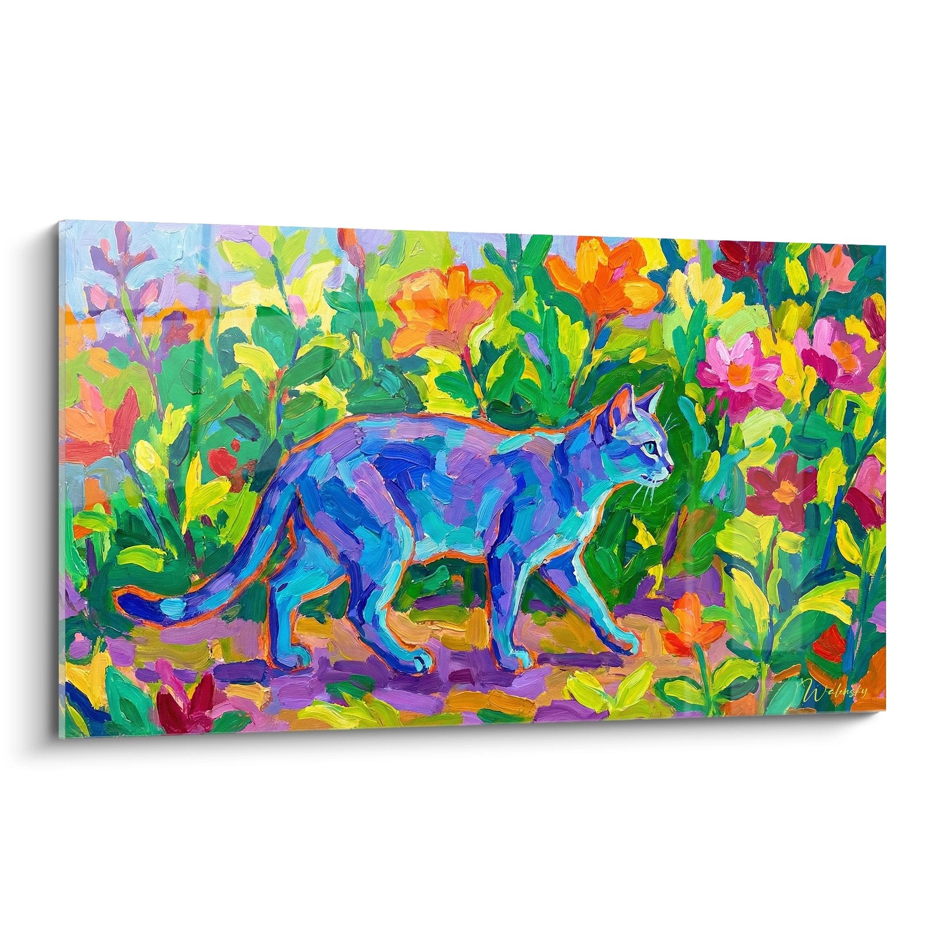 Tableau coloré d'un chat Burmilla bleu dans un jardin fleuri aux tons vifs orange et rose