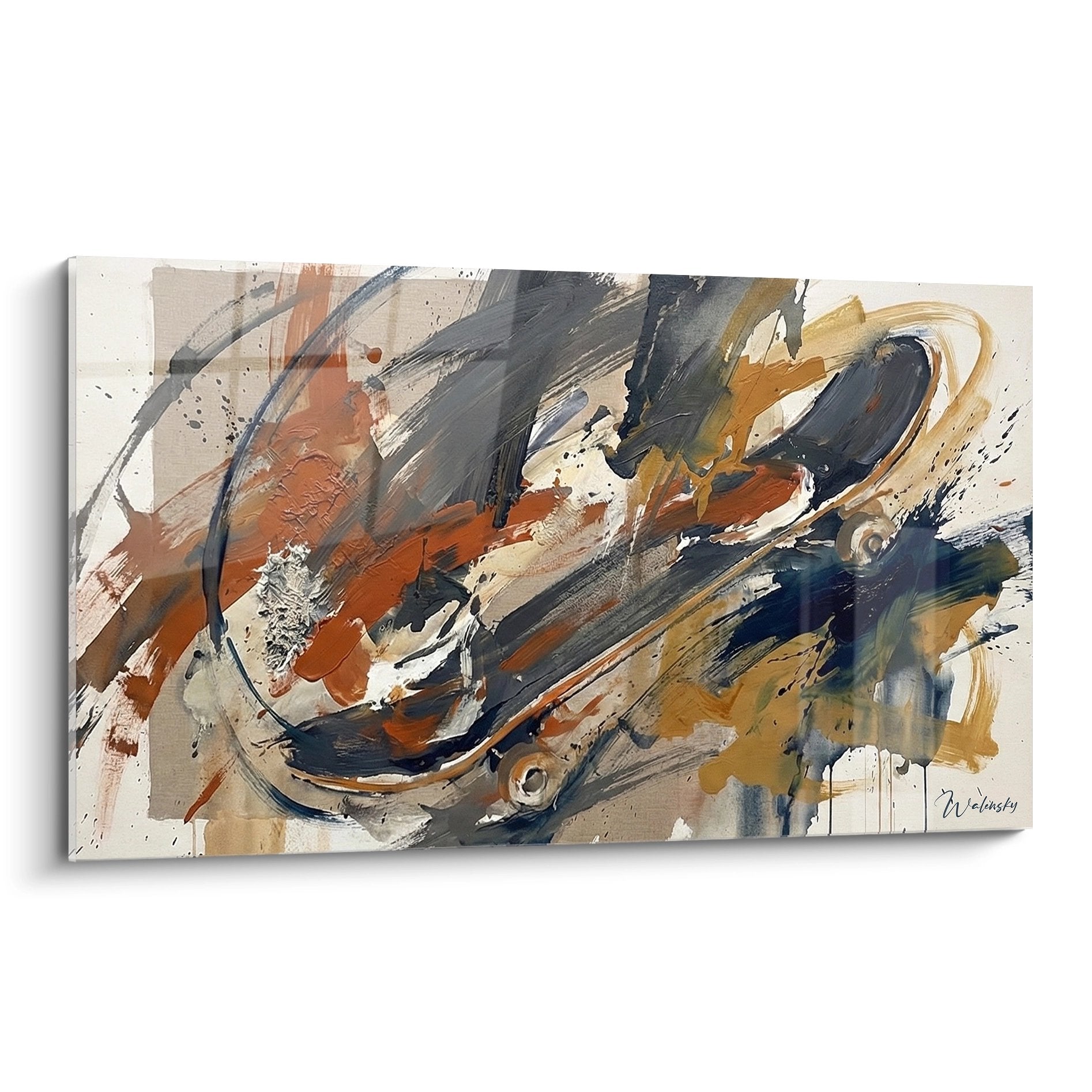 Tableau art abstrait aux couleurs orange et gris avec gestes expressifs inspiration skateboard urbain