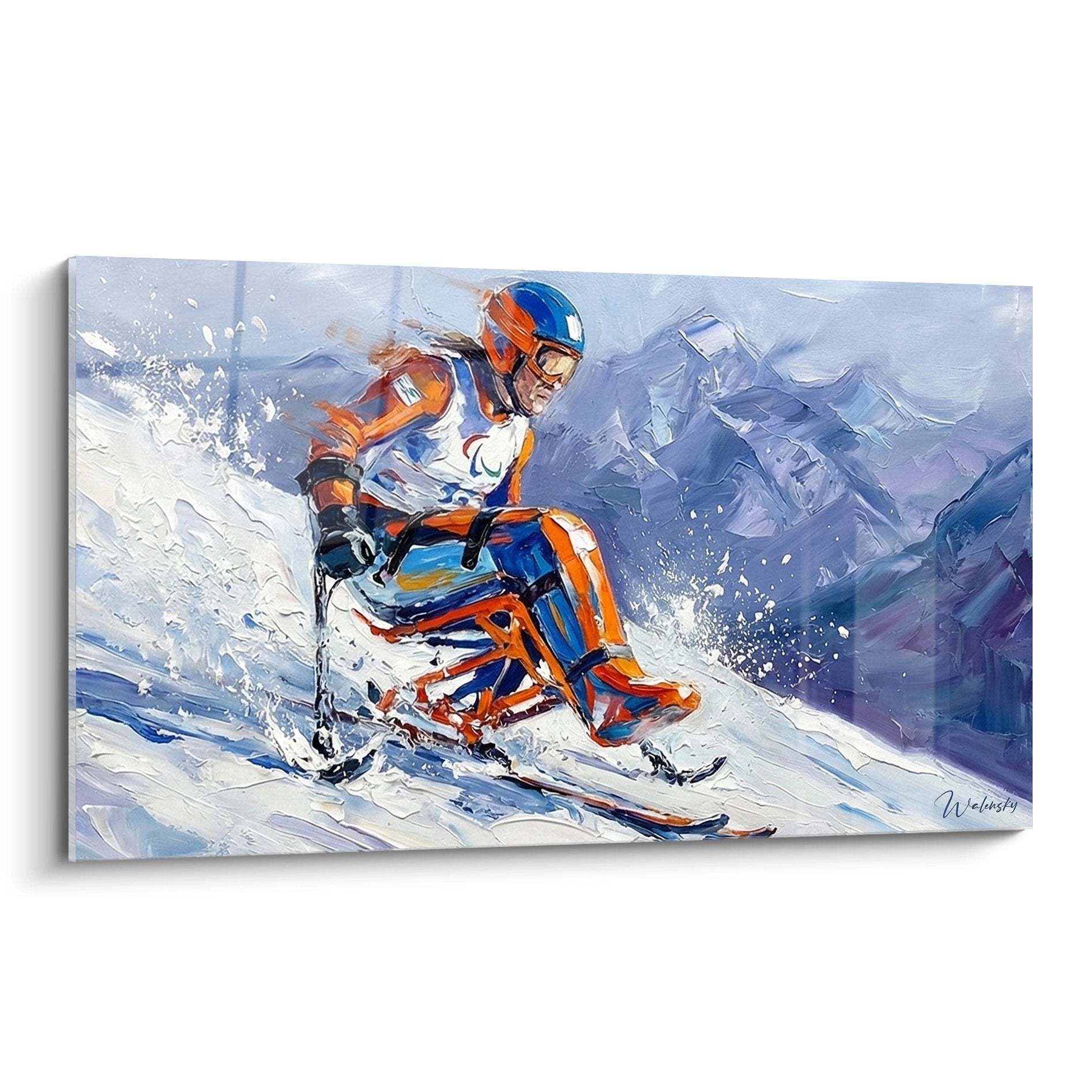 Tableau ski handisport montrant un athlete paralympique en action sur les pistes enneigees avec equipement adapte