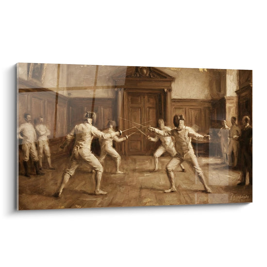 Tableau escrime classique montrant un duel d'épée dans un salon aristocratique avec quatre escrimeurs en action