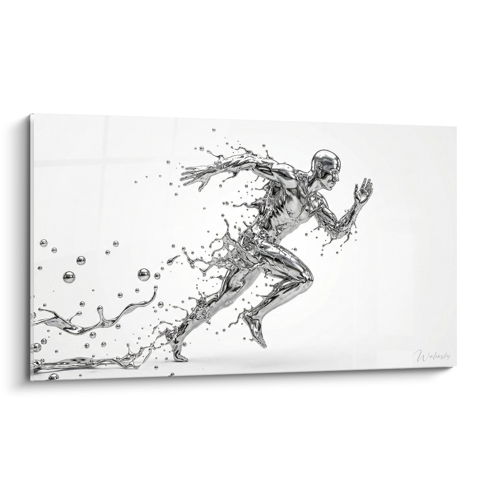 Tableau artistique coureur formé par éclaboussures d'eau en mouvement, art athlétisme moderne noir et blanc