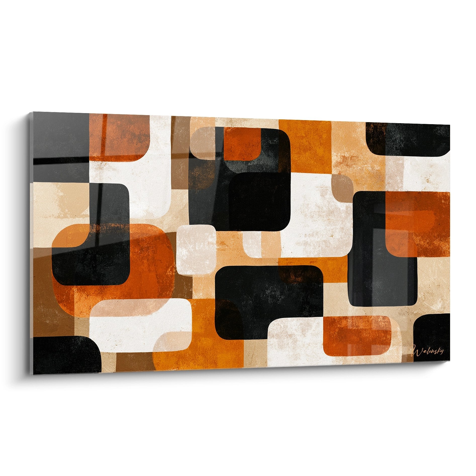 Quadro astratto con forme geometriche ocra nero e beige ispirazione africana contemporanea