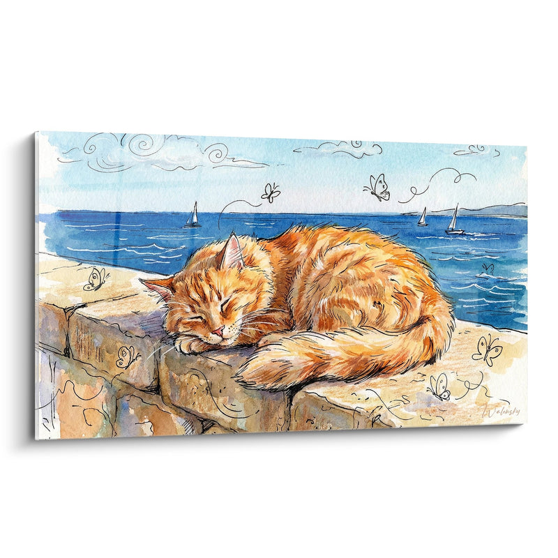 Ginger Cat Sleeping Wall Art - Mediterranean Siesta - Azure Coast Edition