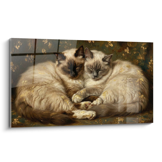 Gemälde mit zwei birmanischen Katzen mit blauen Augen, die zusammen schlafen, cremefarbenem Fell und goldenen Reflexen