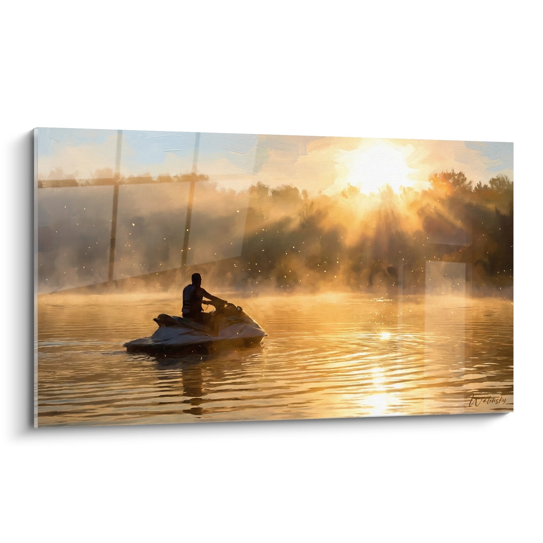 Tableau jetski au coucher de soleil avec rider sur eau dorée et rayons lumineux perçant la brume matinale